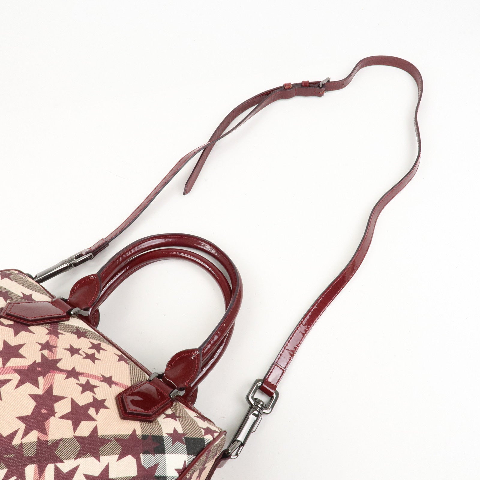 BURBERRY PVC Canvas Patent Leather Boston Bag Beige Bordeaux