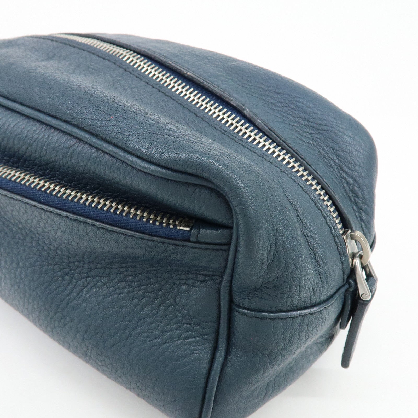 PRADA Triangle Logo Leather Cosmetic Pouch Accessory Pouch Navy