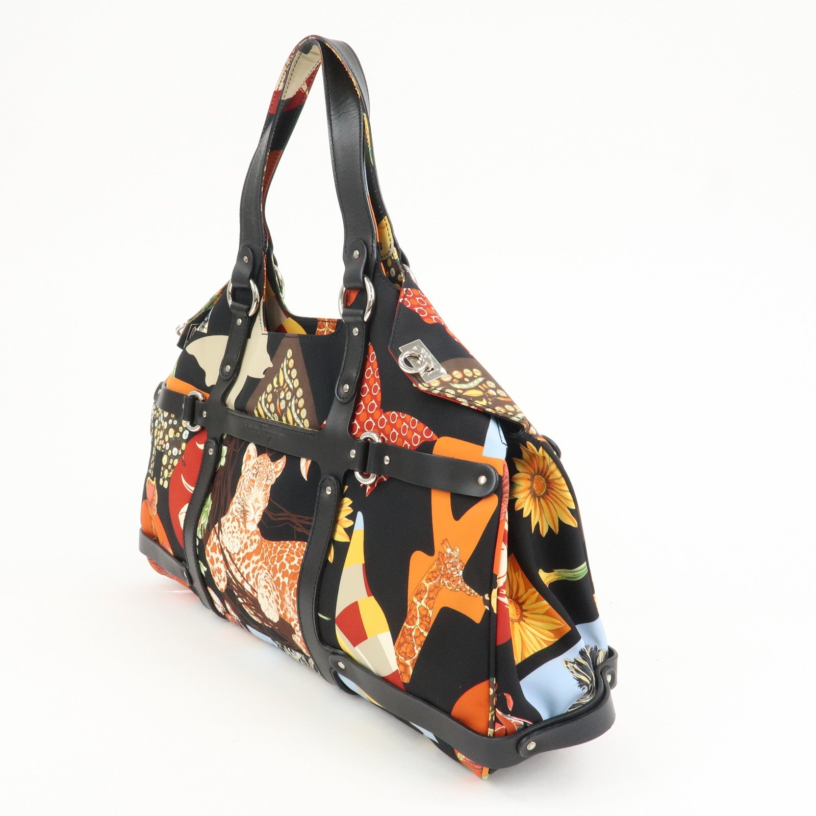 Ferragamo Nylon Leather Hand Bag Shoulder Bag Black Multicolor