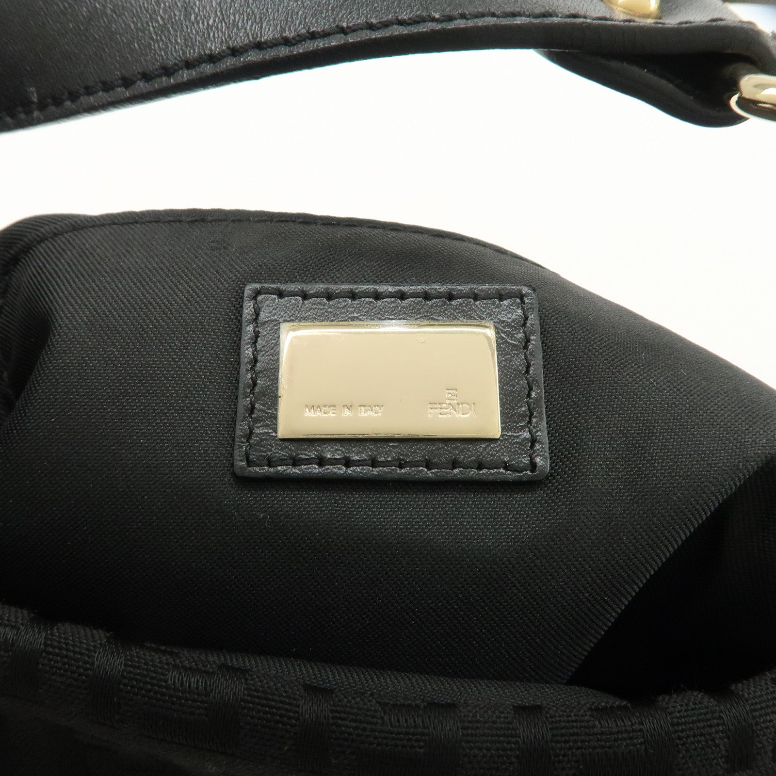 FENDI Zucchino Canvas Leather Logo Charm Shoulder Bag Black 8BR464