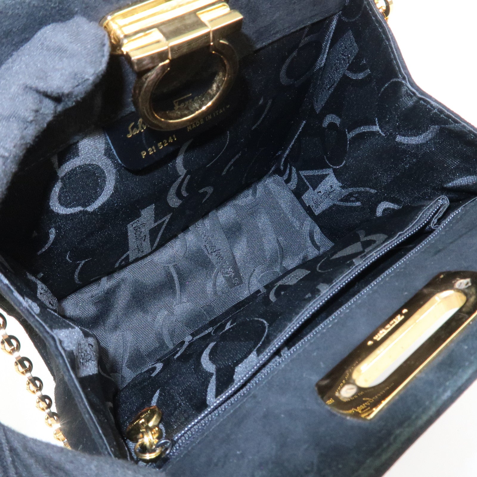 Ferragamo Gancini Suede Chain Shoulder Bag Crossbody Bag Black