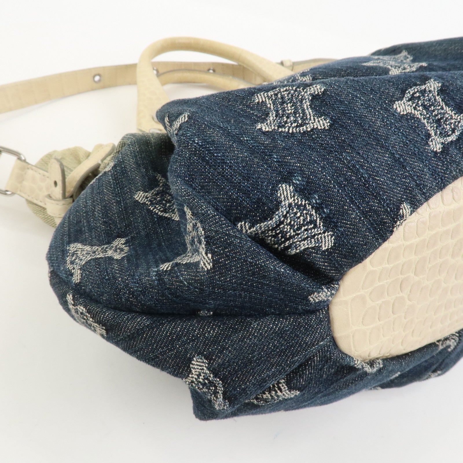 CELINE Macadam Denim Embossed Leather 2WAY Bag Hand Bag Blue Ivory