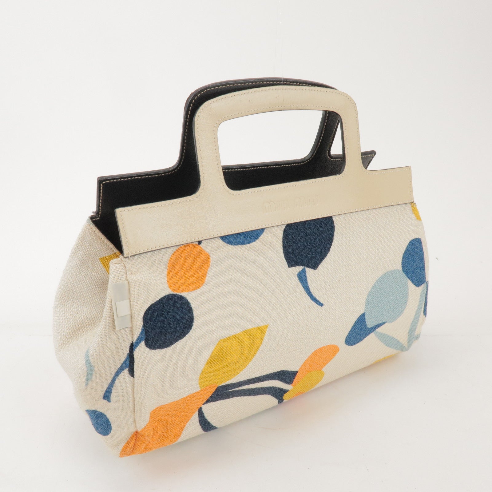 MIU MIU Madras Leather Canvas Reversible Hand Bag Ivory Black