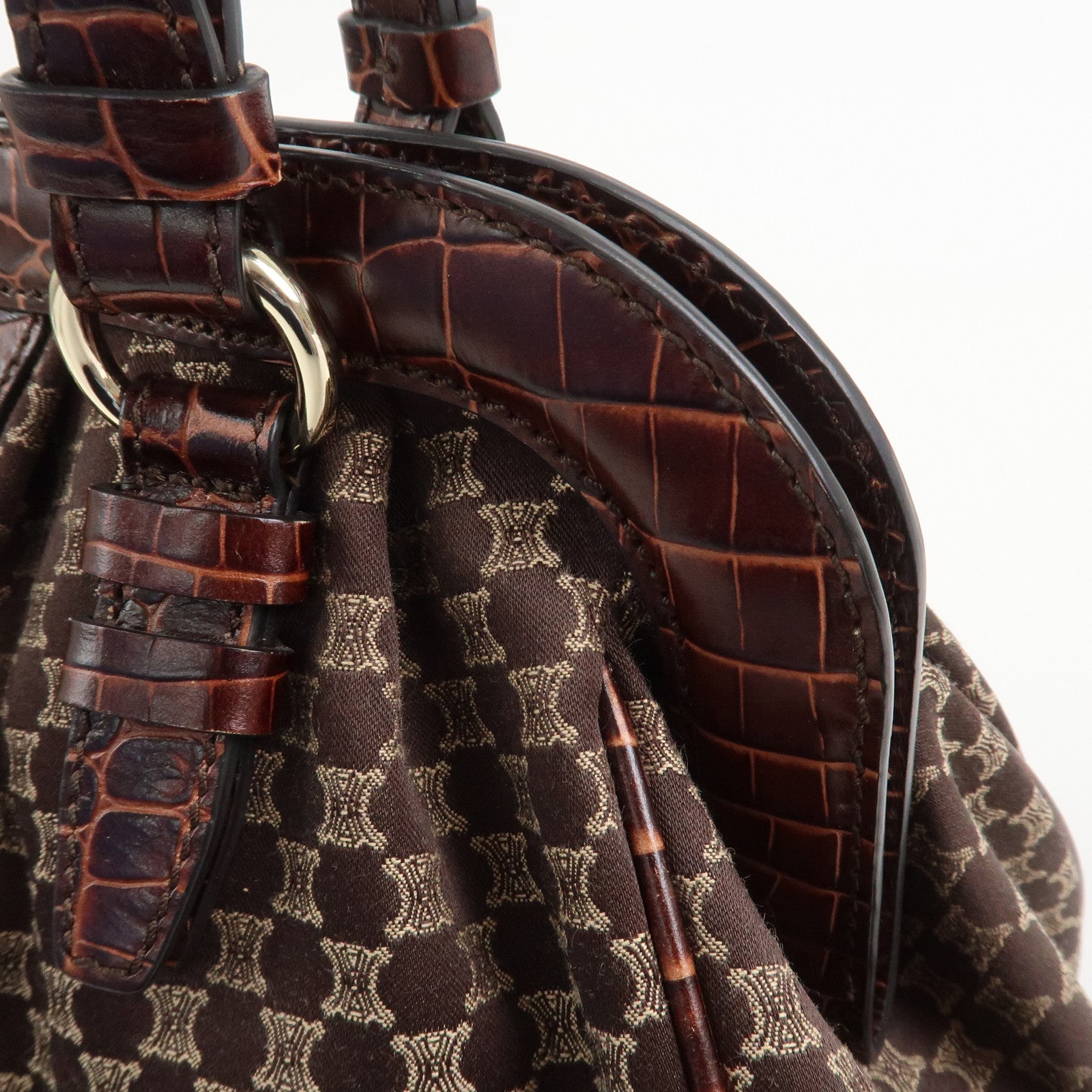 CELINE Macadam Canvas Embossed Leather Shoulder Bag Hand Bag Brown