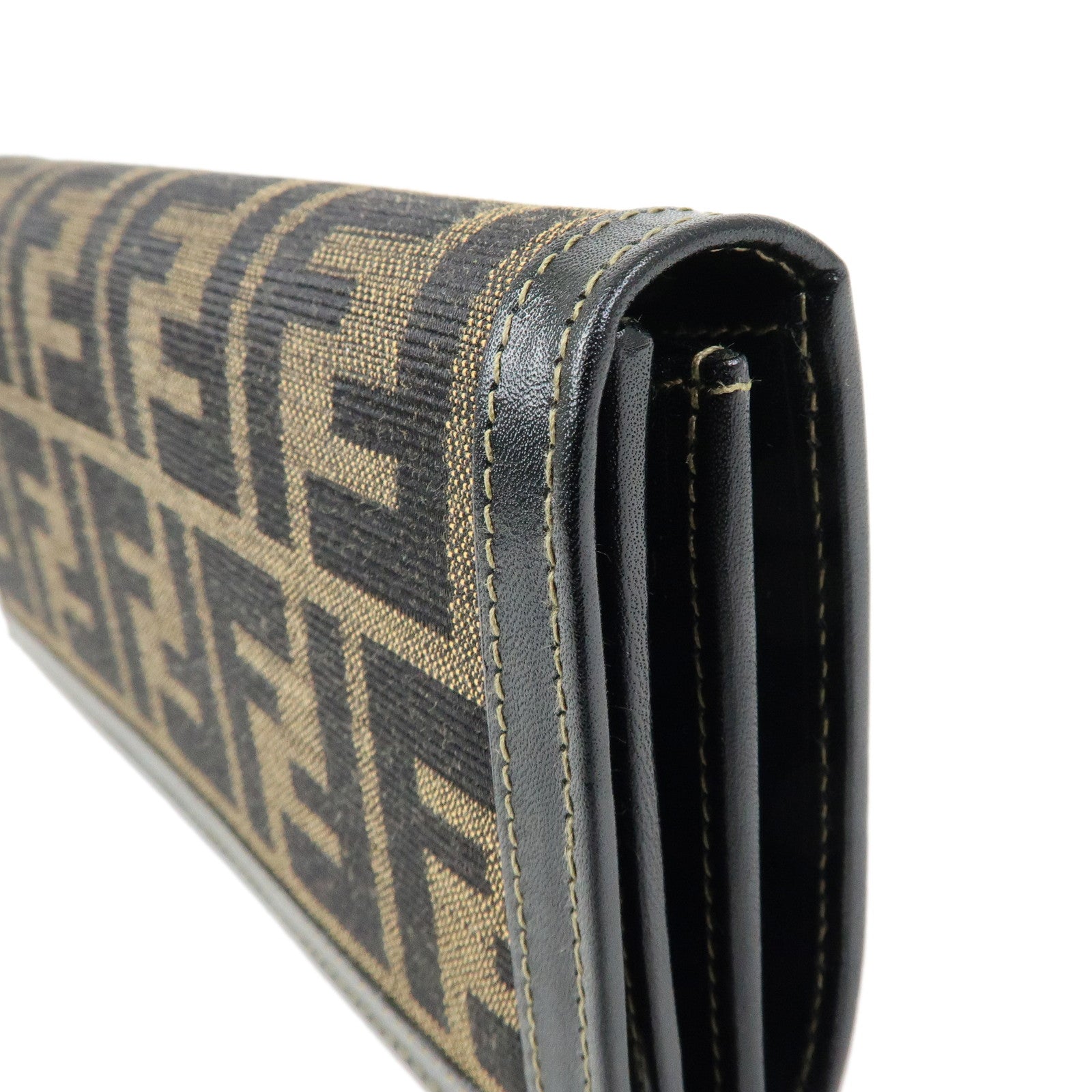 FENDI Zucca Canvas Leather Long Flap Wallet Brown Black 30851
