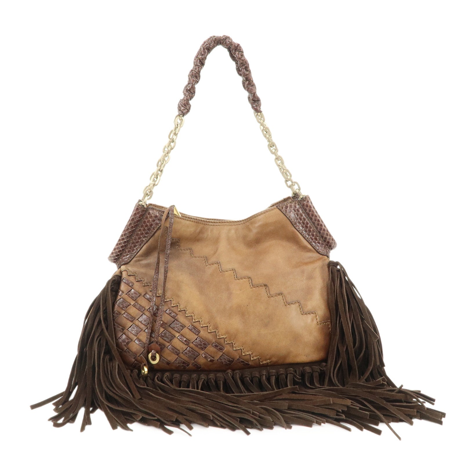 JIMMY CHOO Leather Suede Chain Shoulder Bag Hand Bag Brown