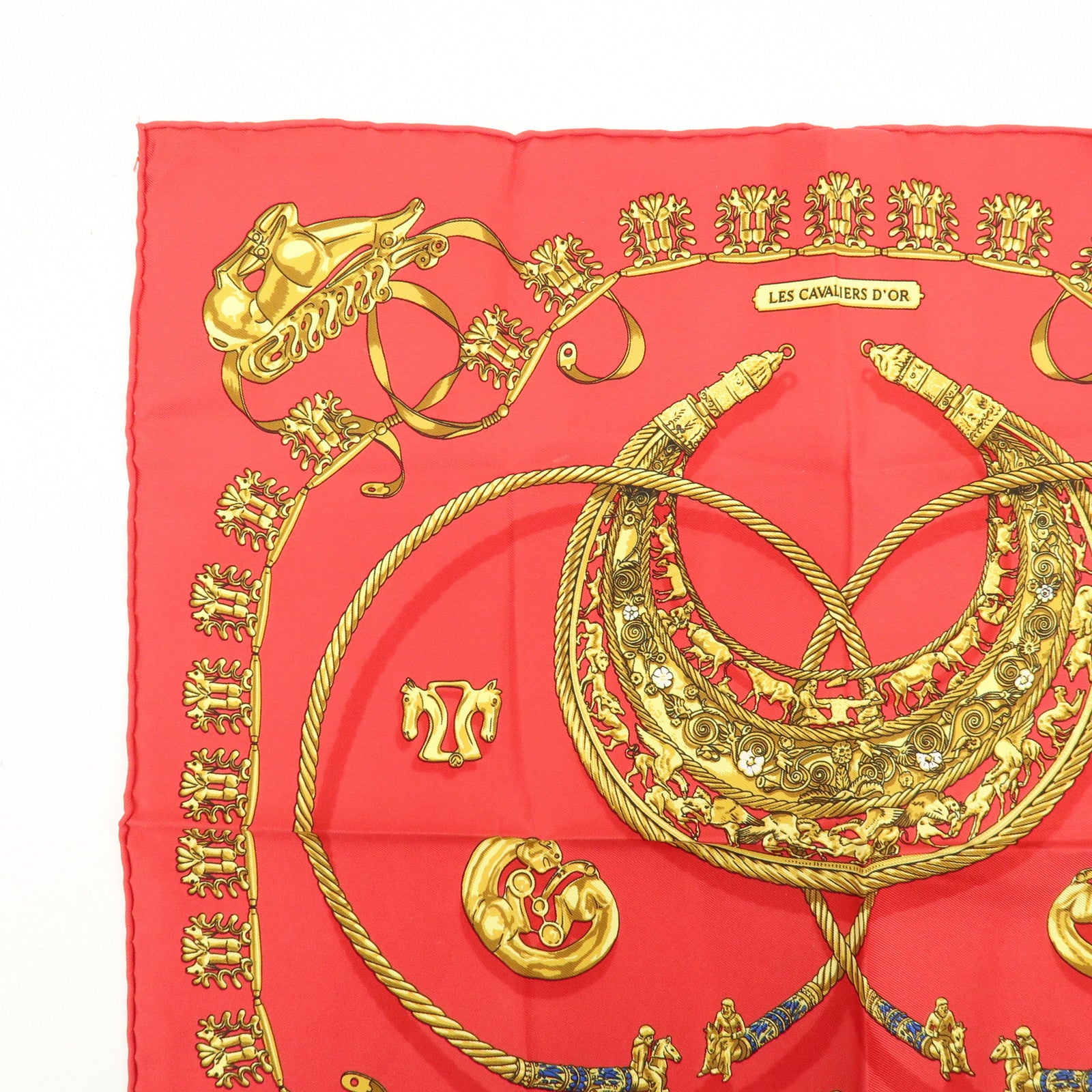 HERMES Carre 40 Silk Scarf LES CAVALIERS D'OR Knight Motif Red Gold