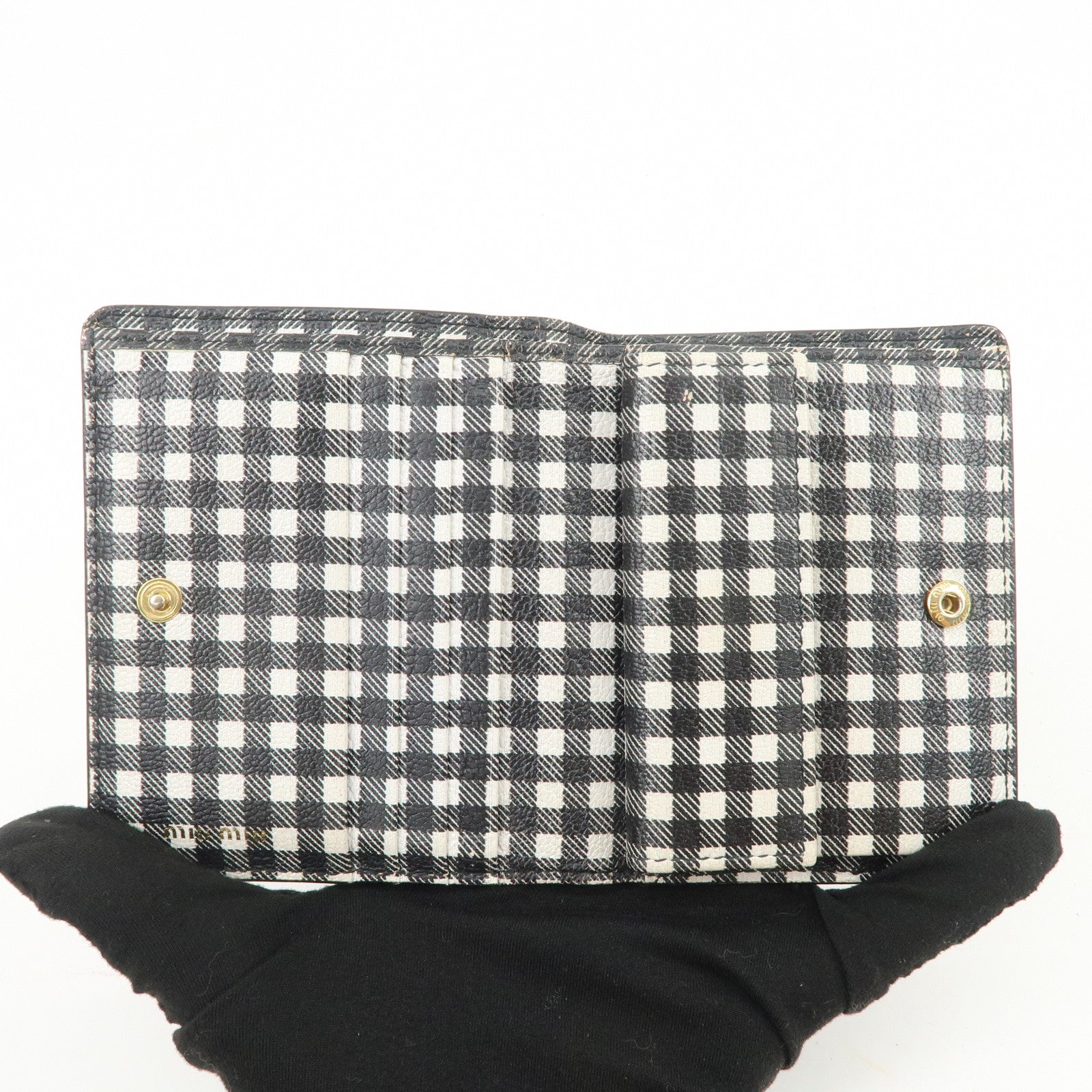 MIU MIU Plaid Leather Compact Bi-fold Wallet Black Ivory 5MV204