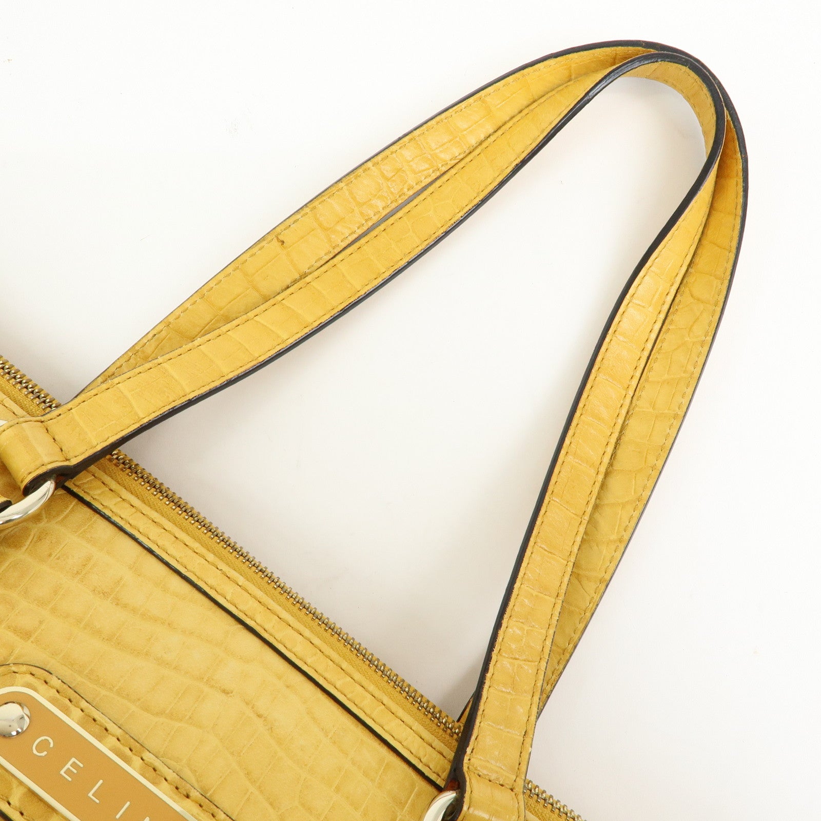 CELINE Macadam Canvas Leather Tote Bag Hand Bag Yellow Red Beige