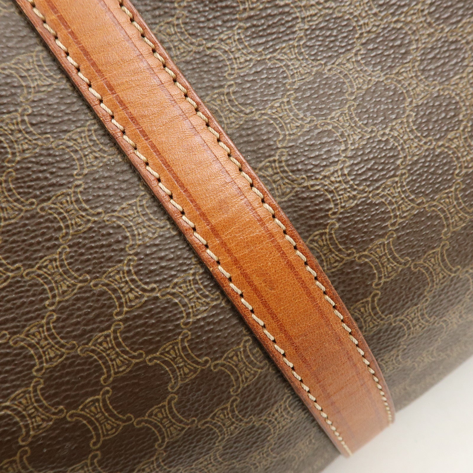 CELINE Macadam PVC Coated Canvas Leather Boston Bag Hand Bag Brown