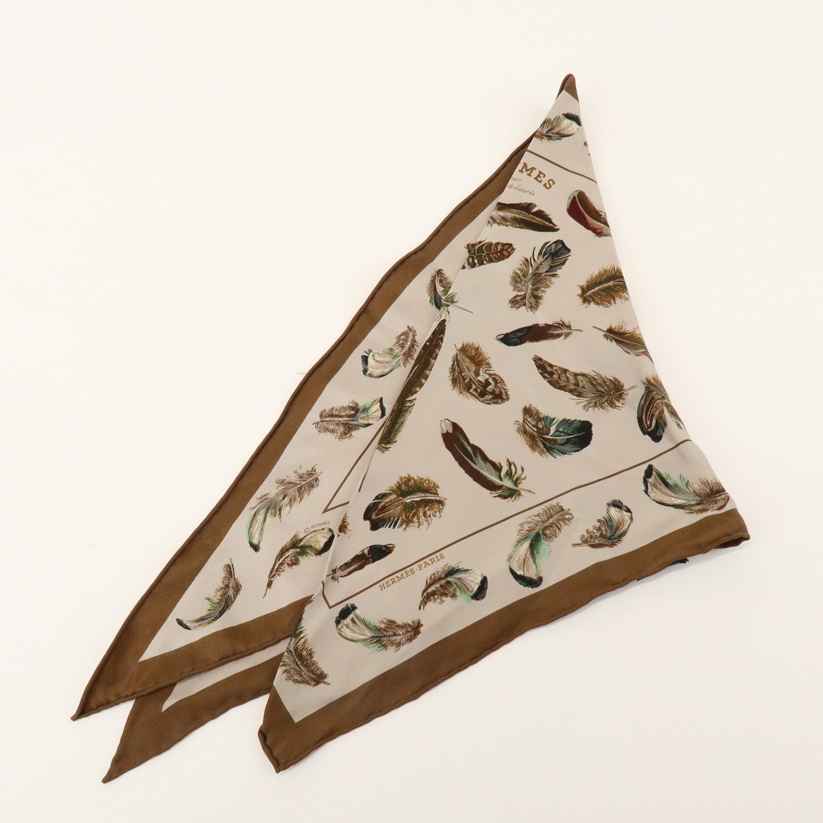 HERMES Pointu Silk 100% Scarf PLUMES Feather Print Brown Beige