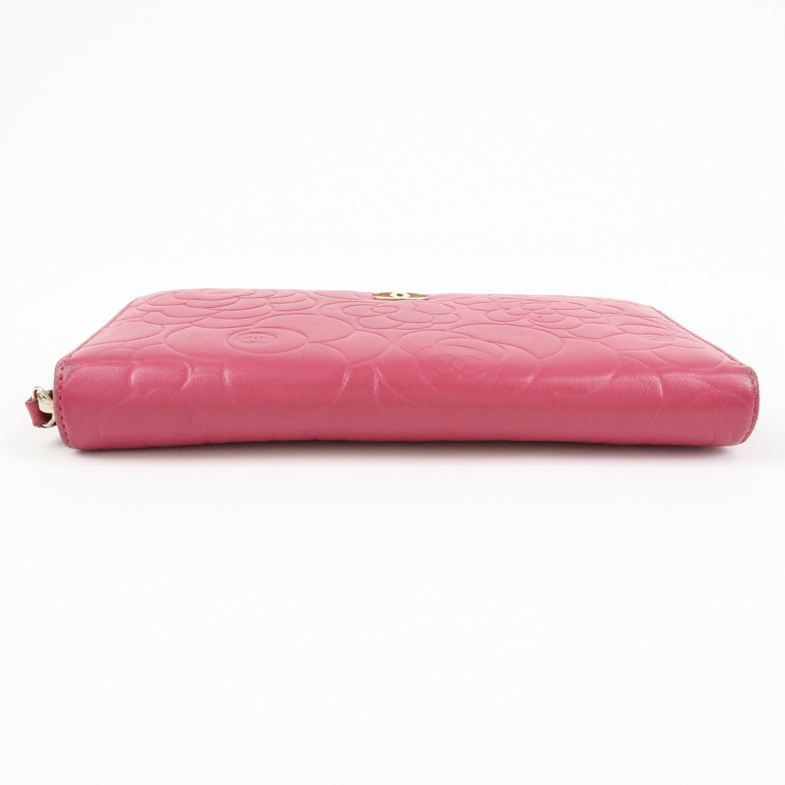 CHANEL Camellia Lamb Skin Round Zippy Wallet Pink A82281