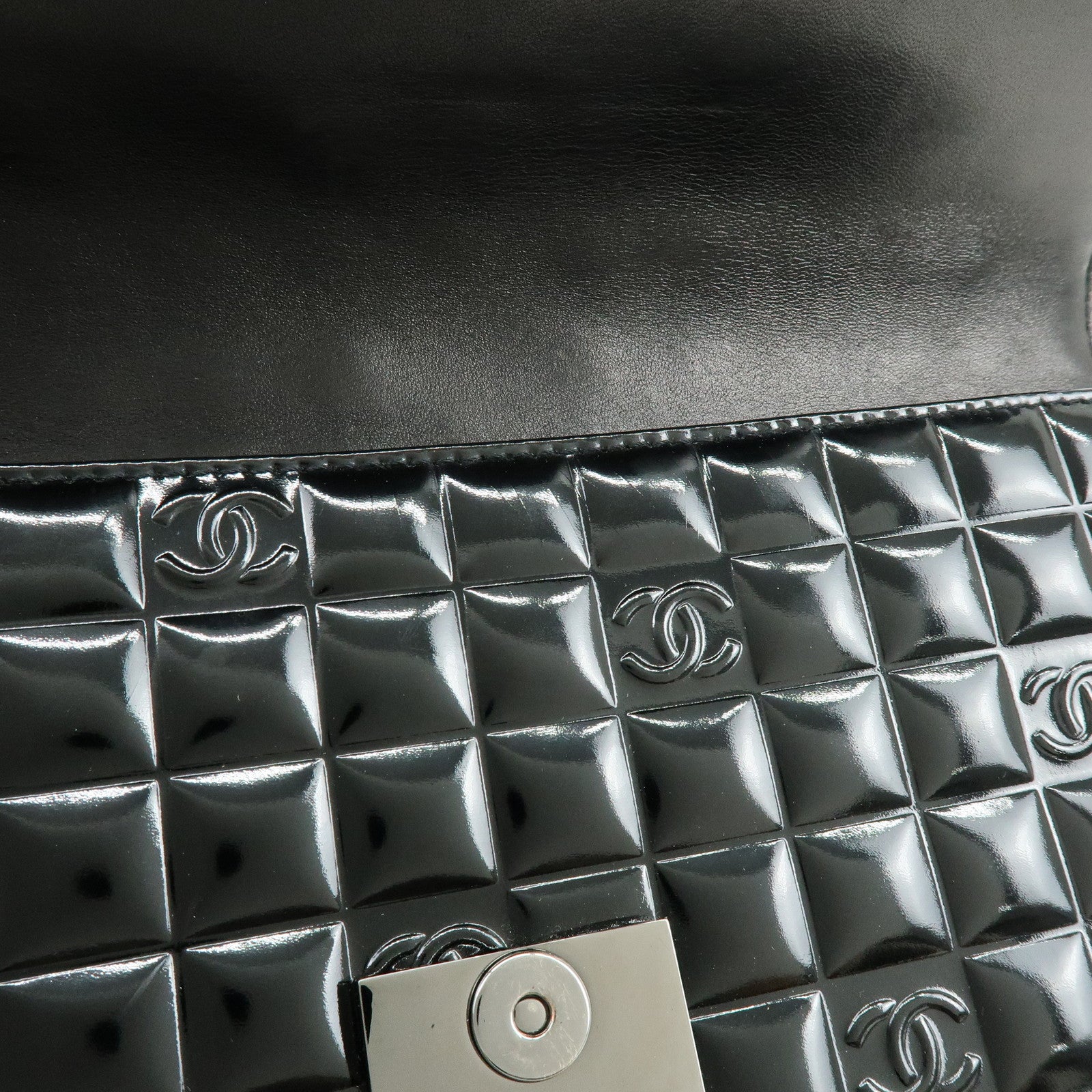 CHANEL Chocolate Bar COCO Mark Patent Leather Hand Bag Black