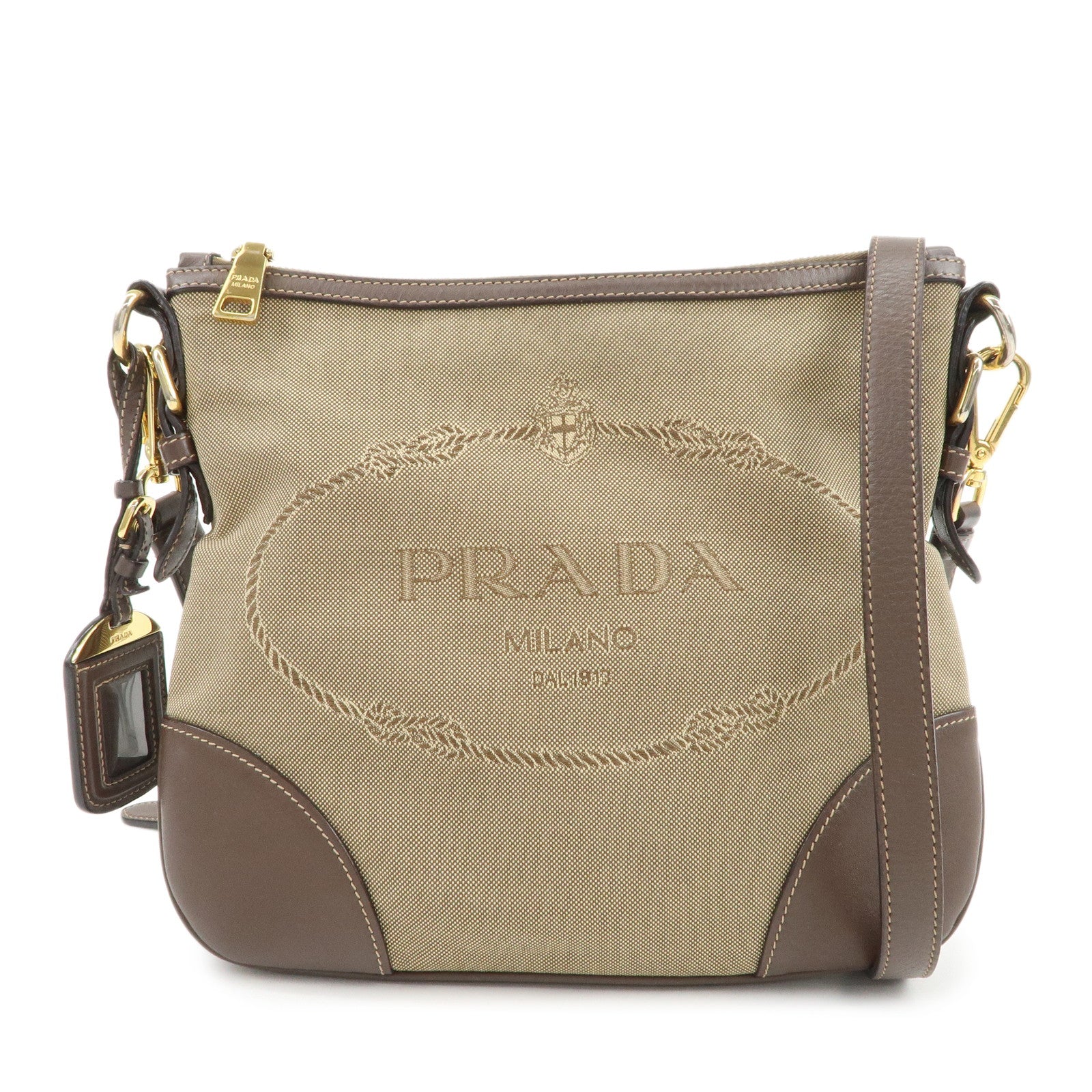 PRADA Logo Jacquard Leather Shoulder Bag Beige Brown BT867A