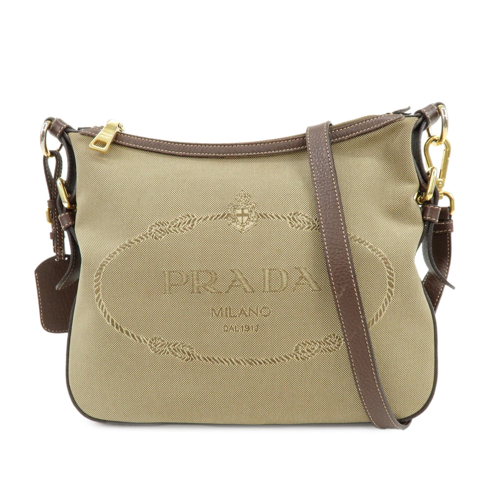 PRADA Logo Jacguard Leather Shoulder Bag Crossbody Bag Brown