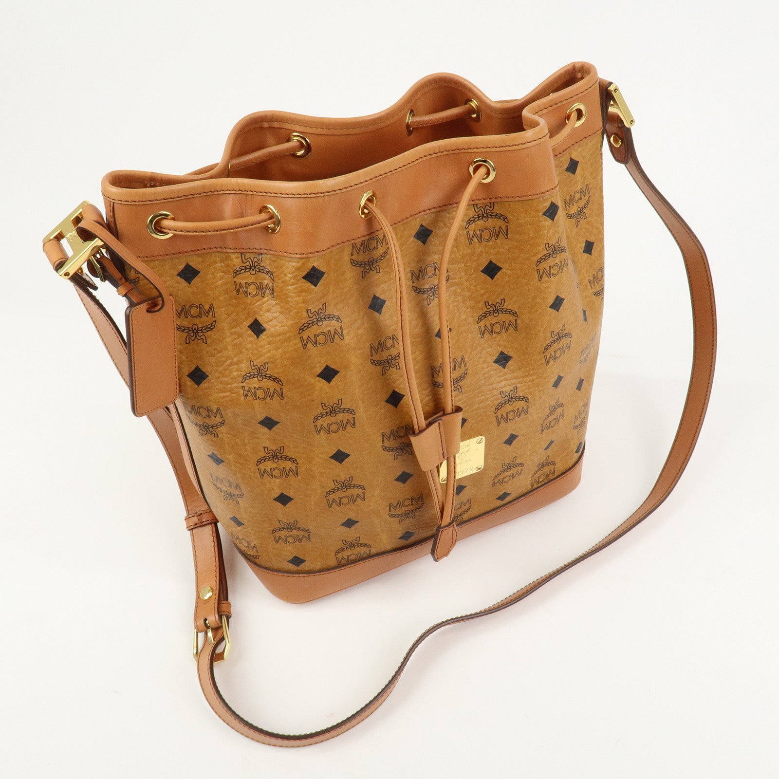 MCM Visetos Leather Bucket Bag Shoulder Bag Drawstring Brown