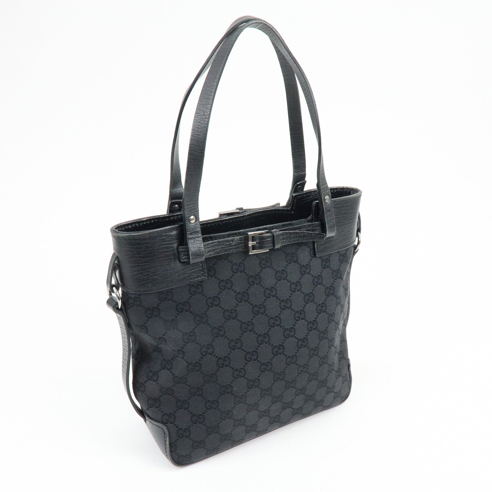 GUCCI GG Canvas Leather Tote Bag Hand Bag Shoulder Bag Black 107757