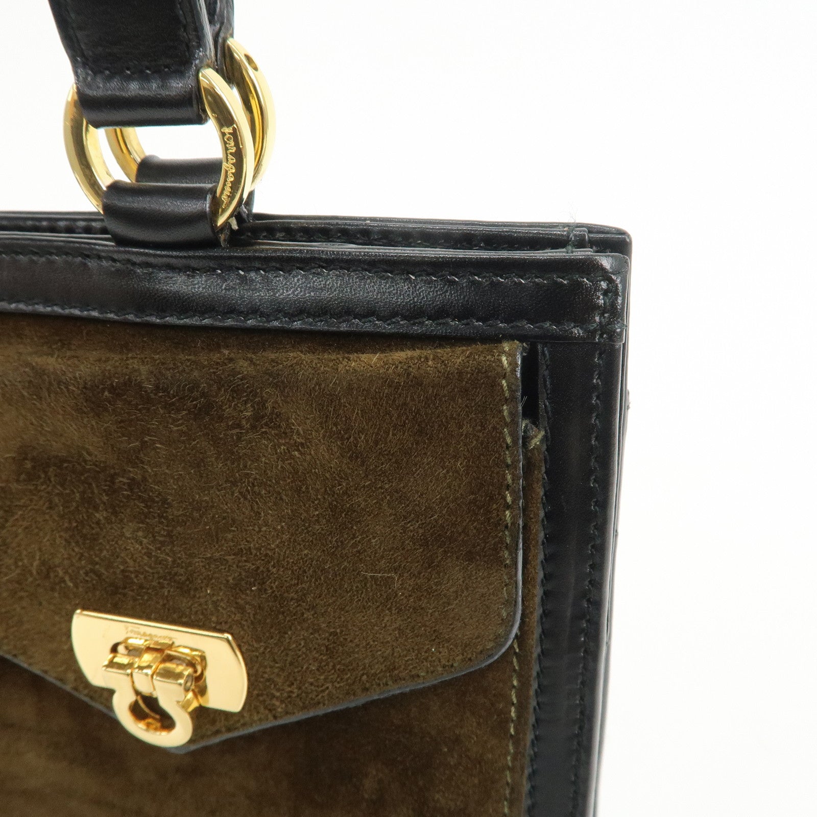 Ferragamo Gancini Suede Leather Hand Bag Tote Bag Black Khaki Red