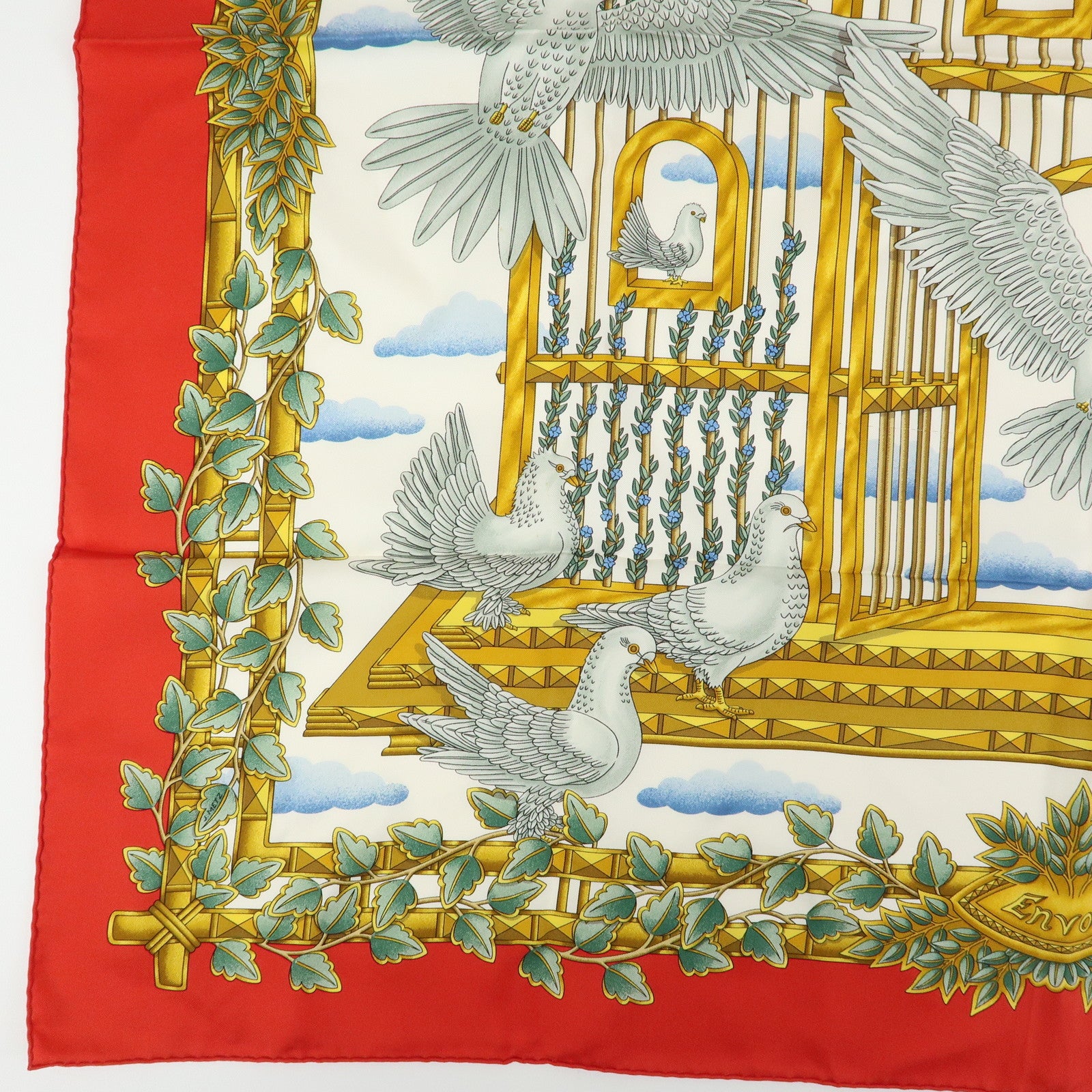 HERMES Carre 90 Silk 100% Scarf ENVOL Bird Print Red White