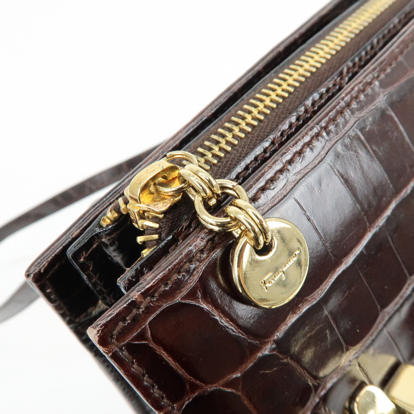 Ferragamo Gancini Embossed Leather Shoulder Bag Tote Bag Dark Brown