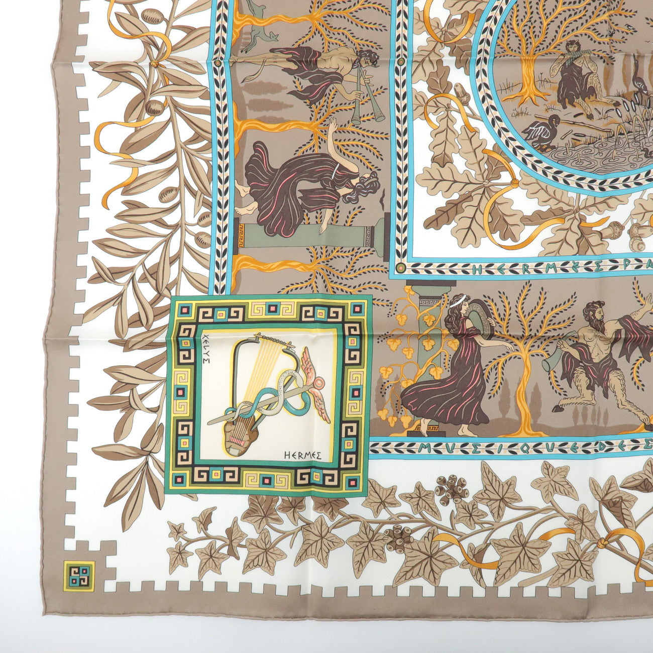 HERMES Carre 90 Silk 100% Scarf MUSIQUE DES DIEUX Brown Blue