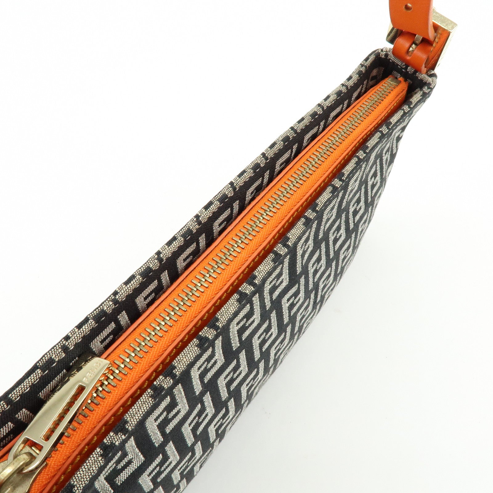 FENDI Zucchino Canvas Leather Shoulder Bag Black Orange 8BR042