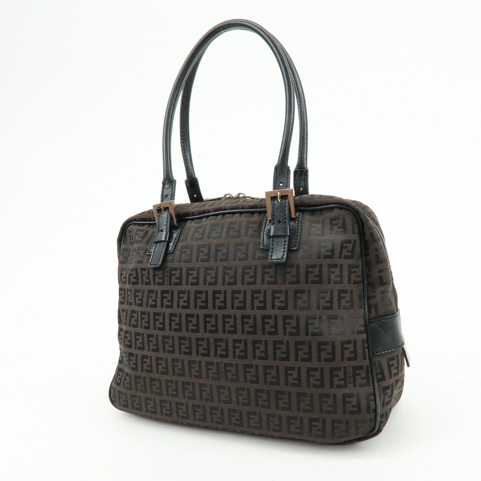 FENDI Zucchino Canvas Leather Hand Bag Boston Bag Brown 8BN005