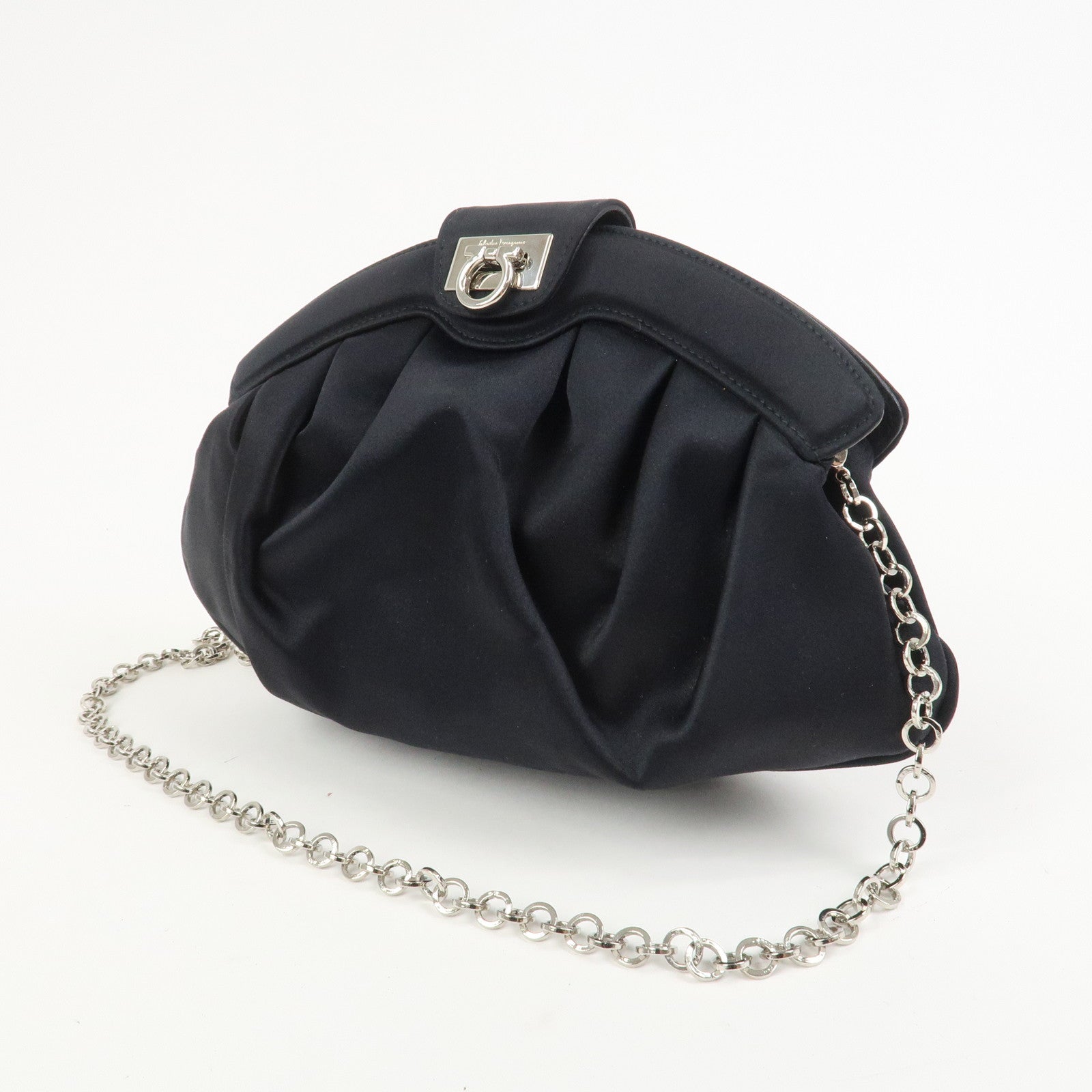 Ferragamo Gancini Satin Shoulder Bag Crossbody Bag Black Q 21 6436