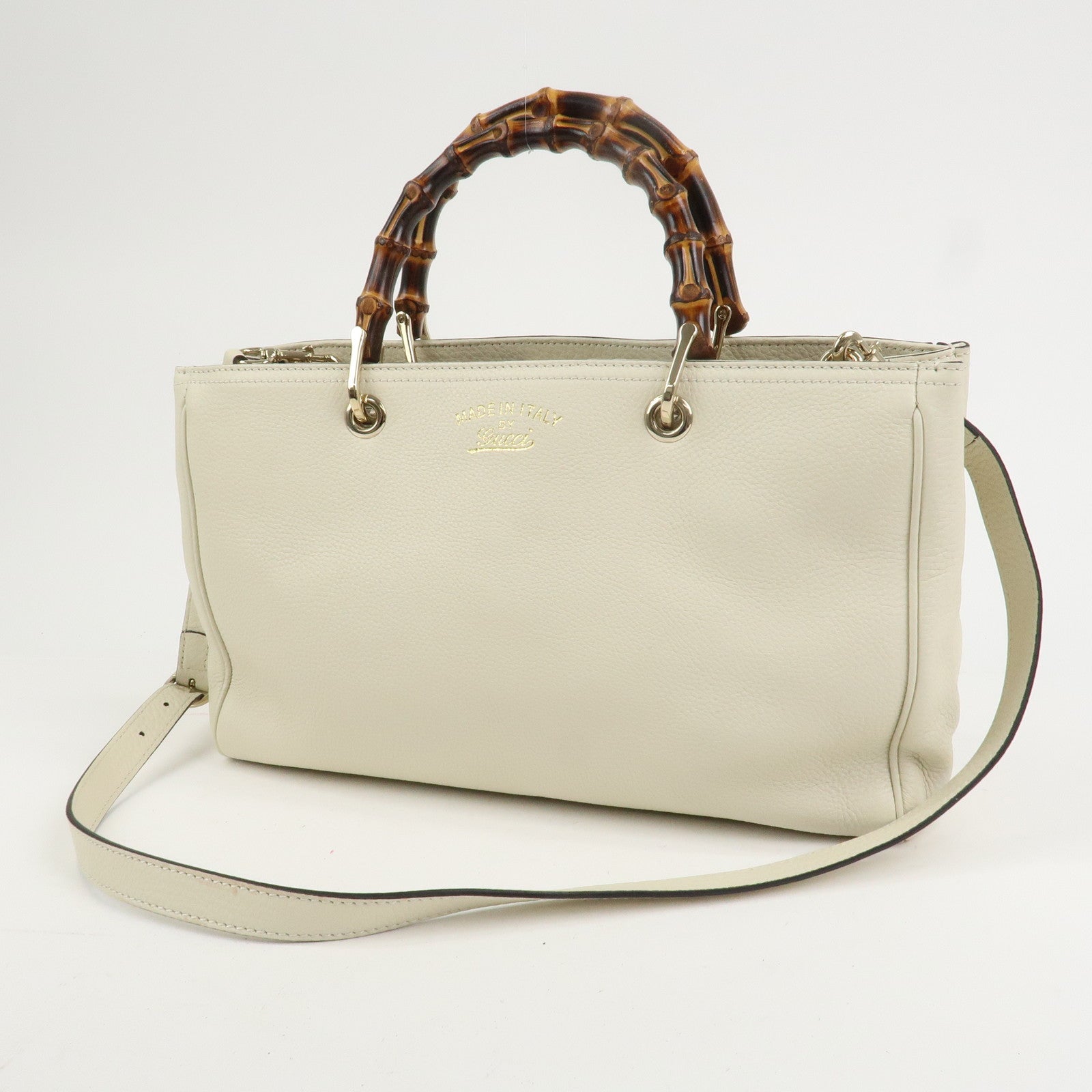 GUCCI Bamboo Leather Shopper Medium 2Way Shoulder Bag Ivory 323660