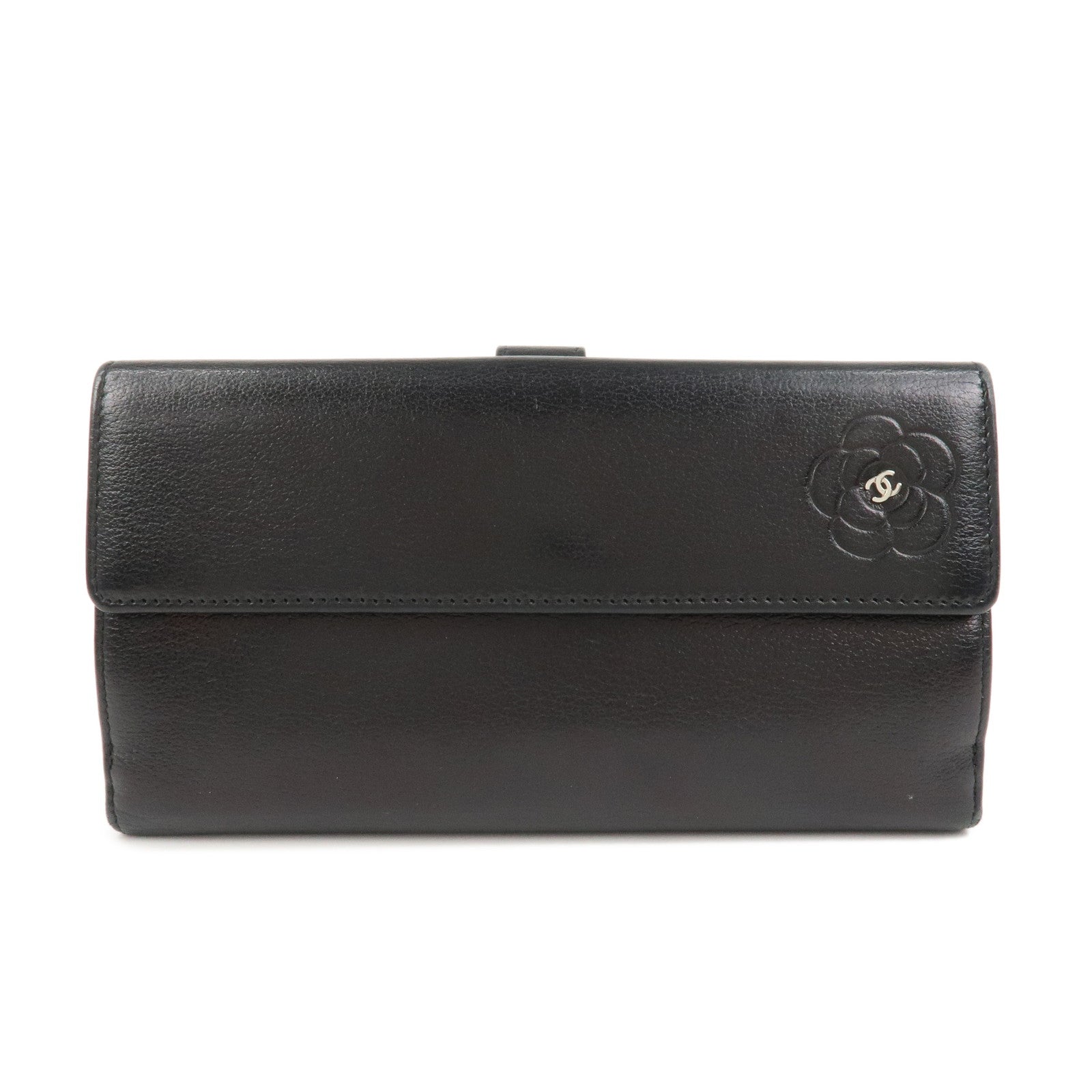 CHANEL Camellia COCO Mark Leather Bi-fold Long Wallet Black
