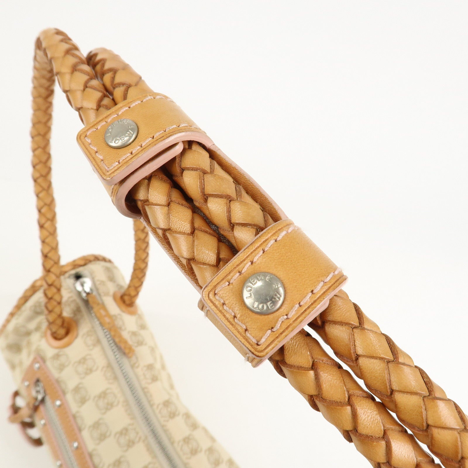 LOEWE Anagram Logo Canvas Shoulder Bag Leather Beige Light Brown