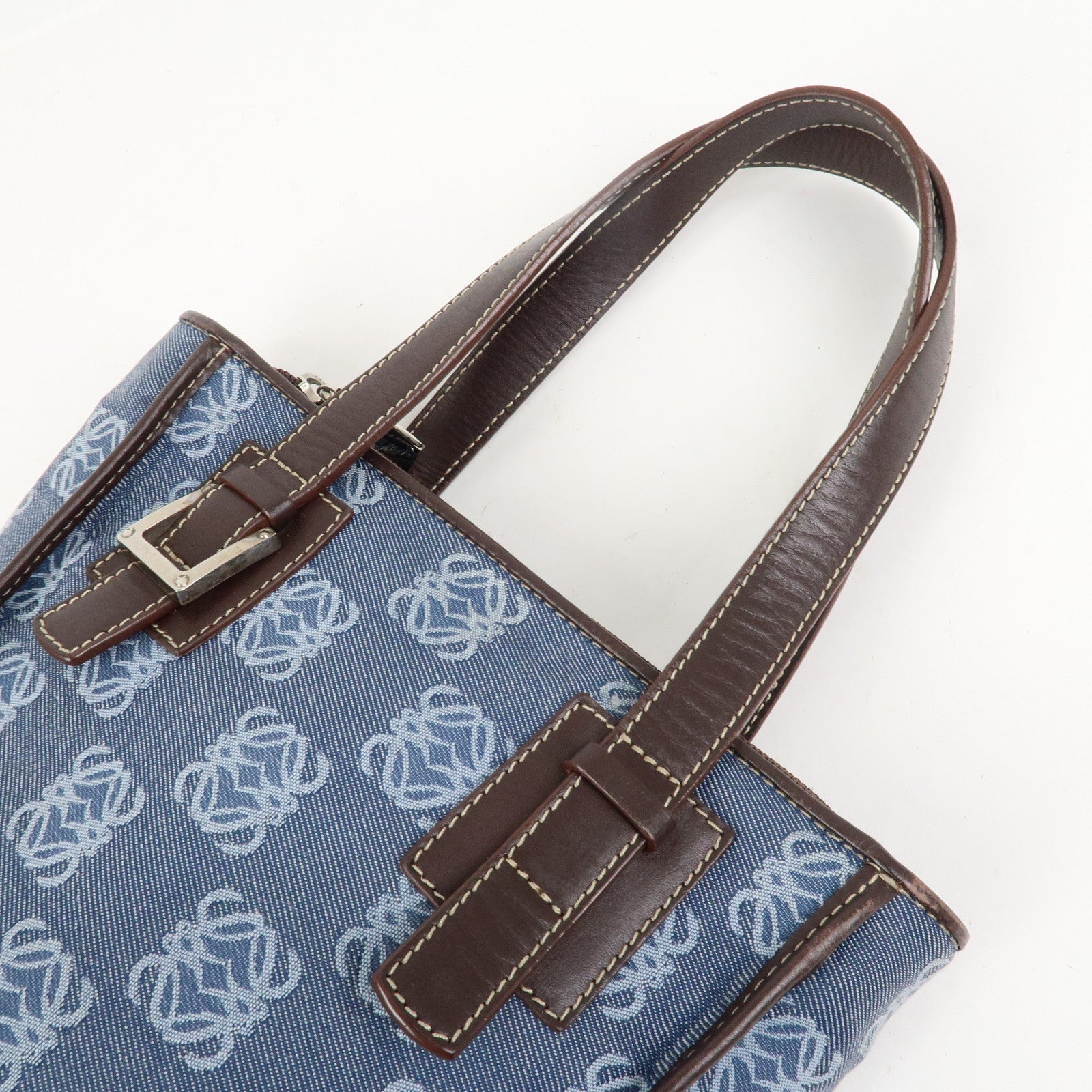 LOEWE Repeat Anagram Canvas Leather Tote Bag Hand Bag Blue Brown