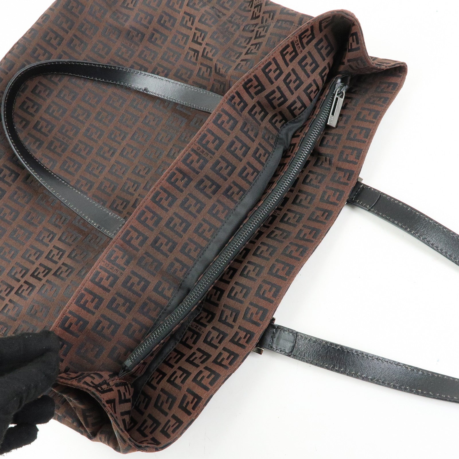 FENDI Zucchino Canvas Leather Tote Bag Hand Bag Brown Black
