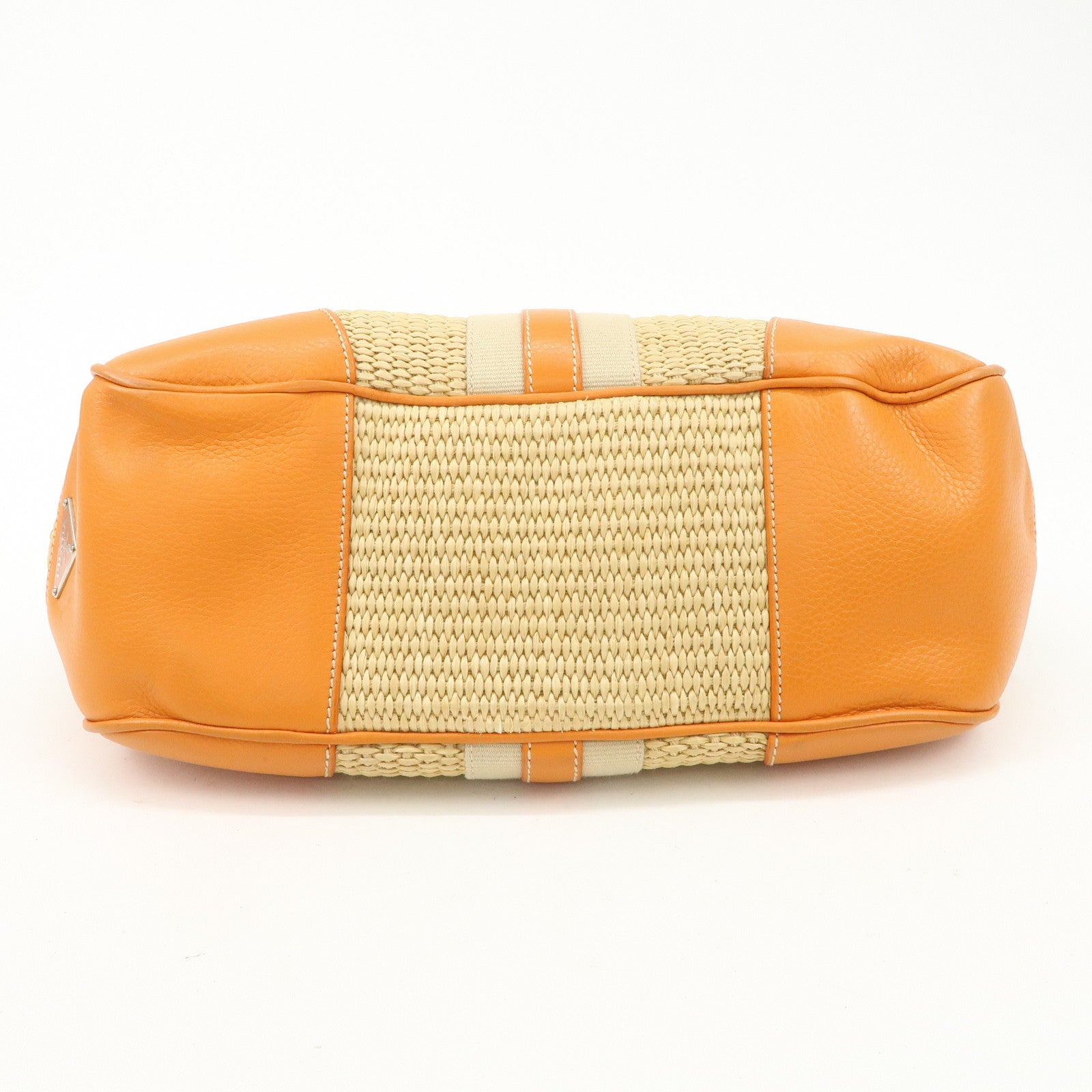 PRADA Triangle Logo Raffia Leather Shoulder Bag Beige Orange