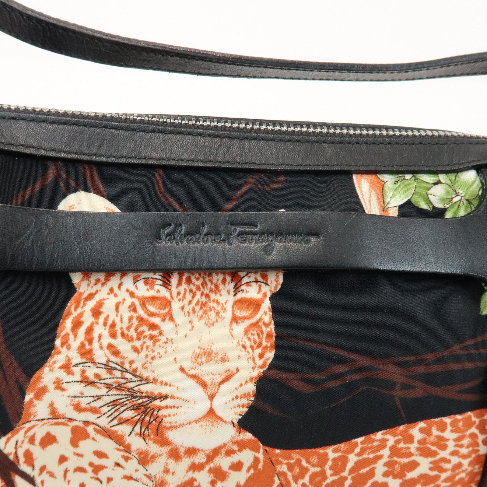 Ferragamo Nylon Leather Shoulder Bag Black Multicolor Animal