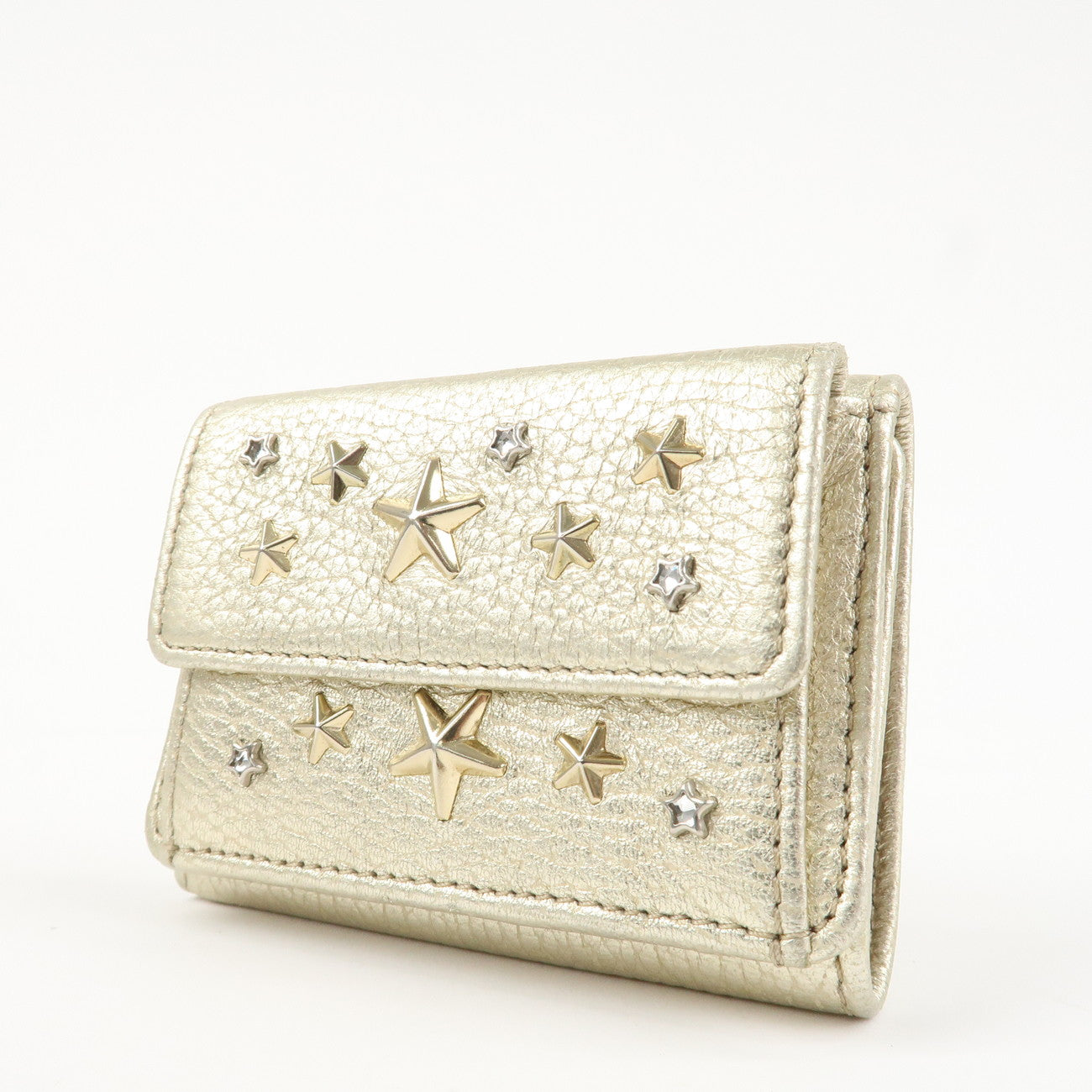 JIMMY CHOO Leather Star Studs Trifold Compact Wallet Gold Used