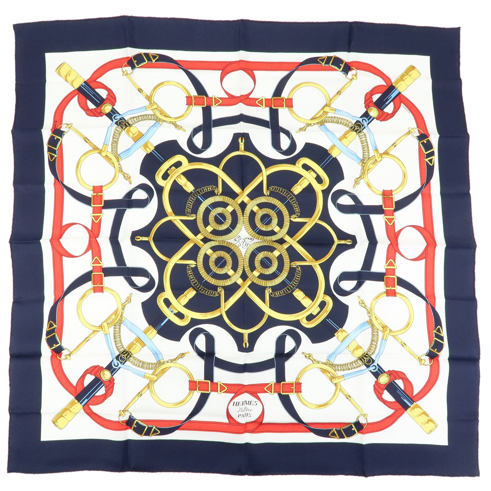 HERMES Carre 90 Silk 100% Scarf  Eperon d'or Navy White Yellow Red