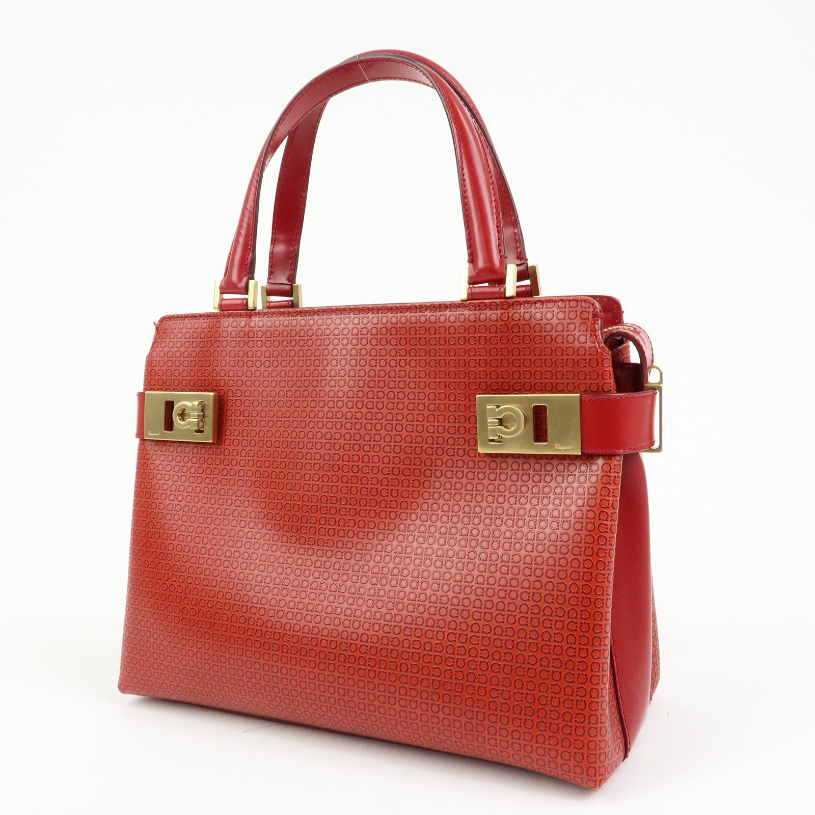 Ferragamo Gancini Side Belt Leather Hand Bag Tote Bag Red