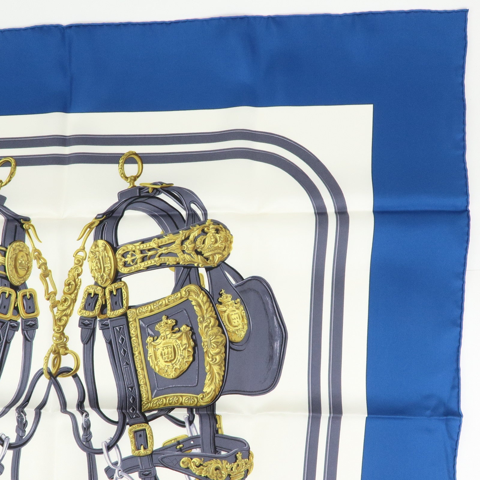 HERMES Carre 90 Silk 100% Scarf  BRIDES DE GALA Blue White