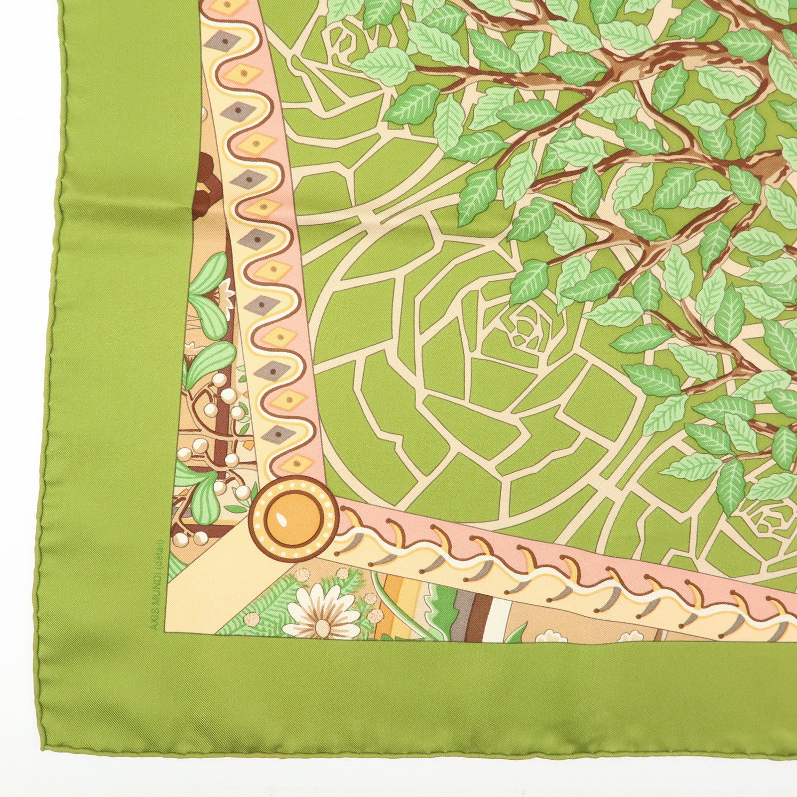 HERMES Carre 90 Silk 100% Scarf AXIS MUNDI Green Brown