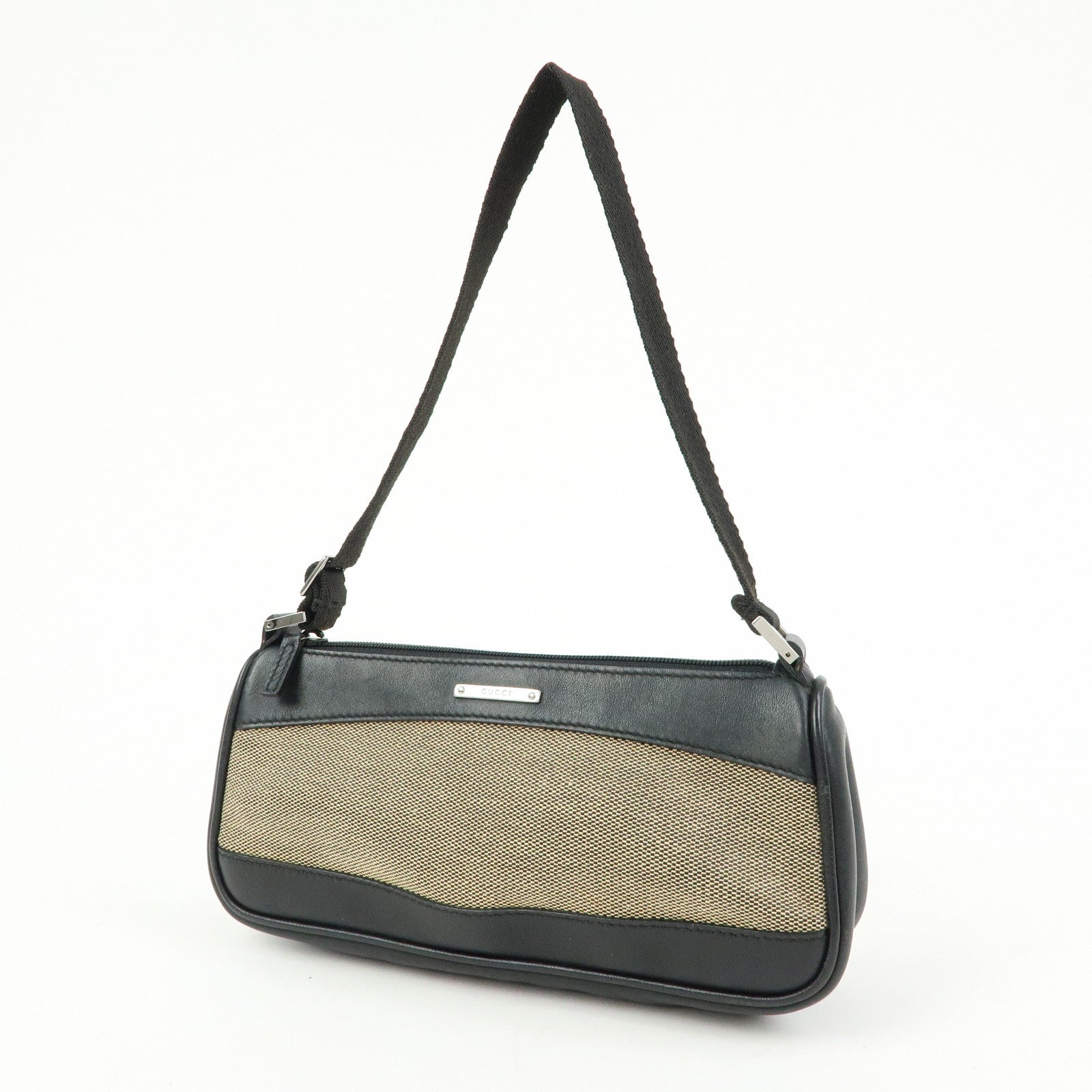 GUCCI Logo Canvas Leather Small Hand Bag Black Beige 92820