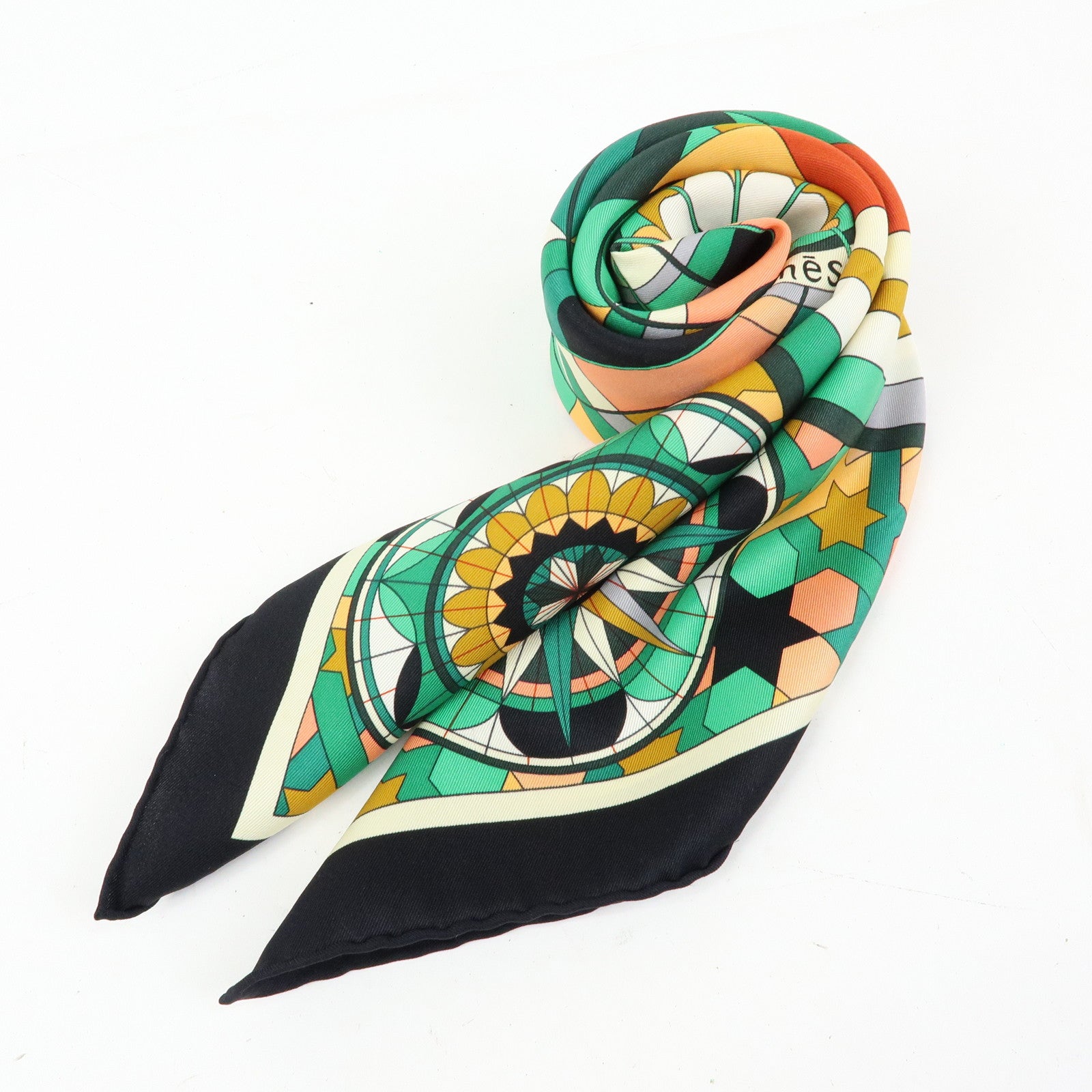 HERMES Carre 70 Silk 100% Scarf ROSE DE COMPAS Black Green