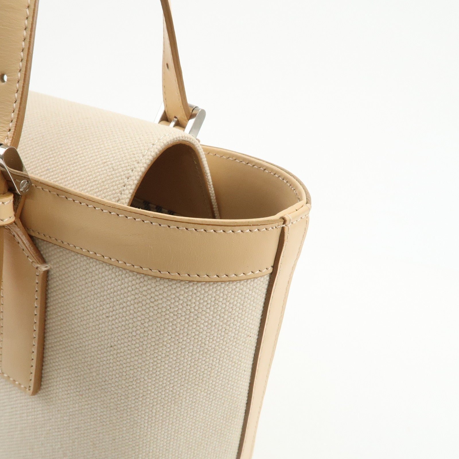 BURBERRY Cotton Leather Tote Bag Hand Bag Natural Beige