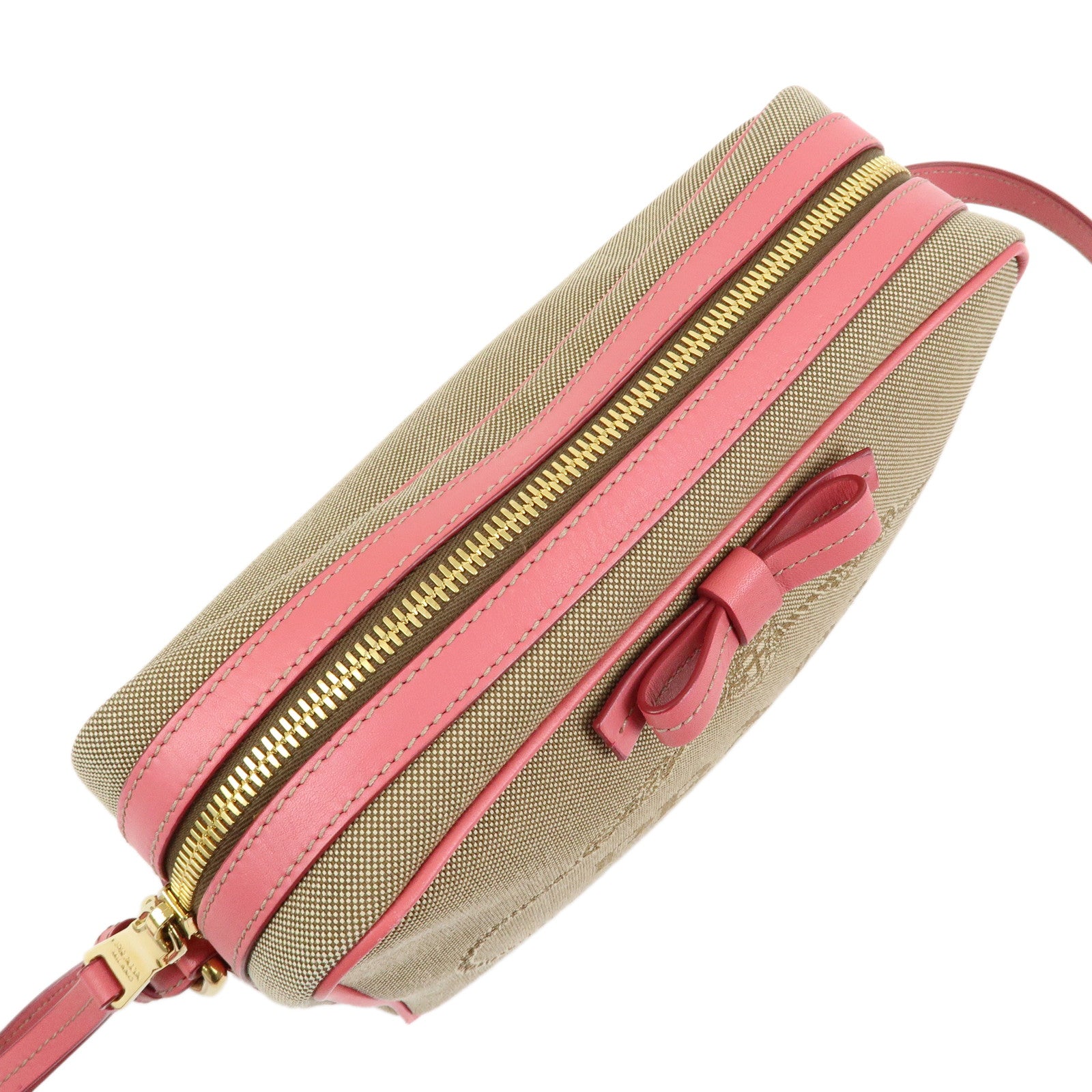 PRADA Triangle Logo Jacquard Leather Shoulder Bag Beige Pink 1BH089