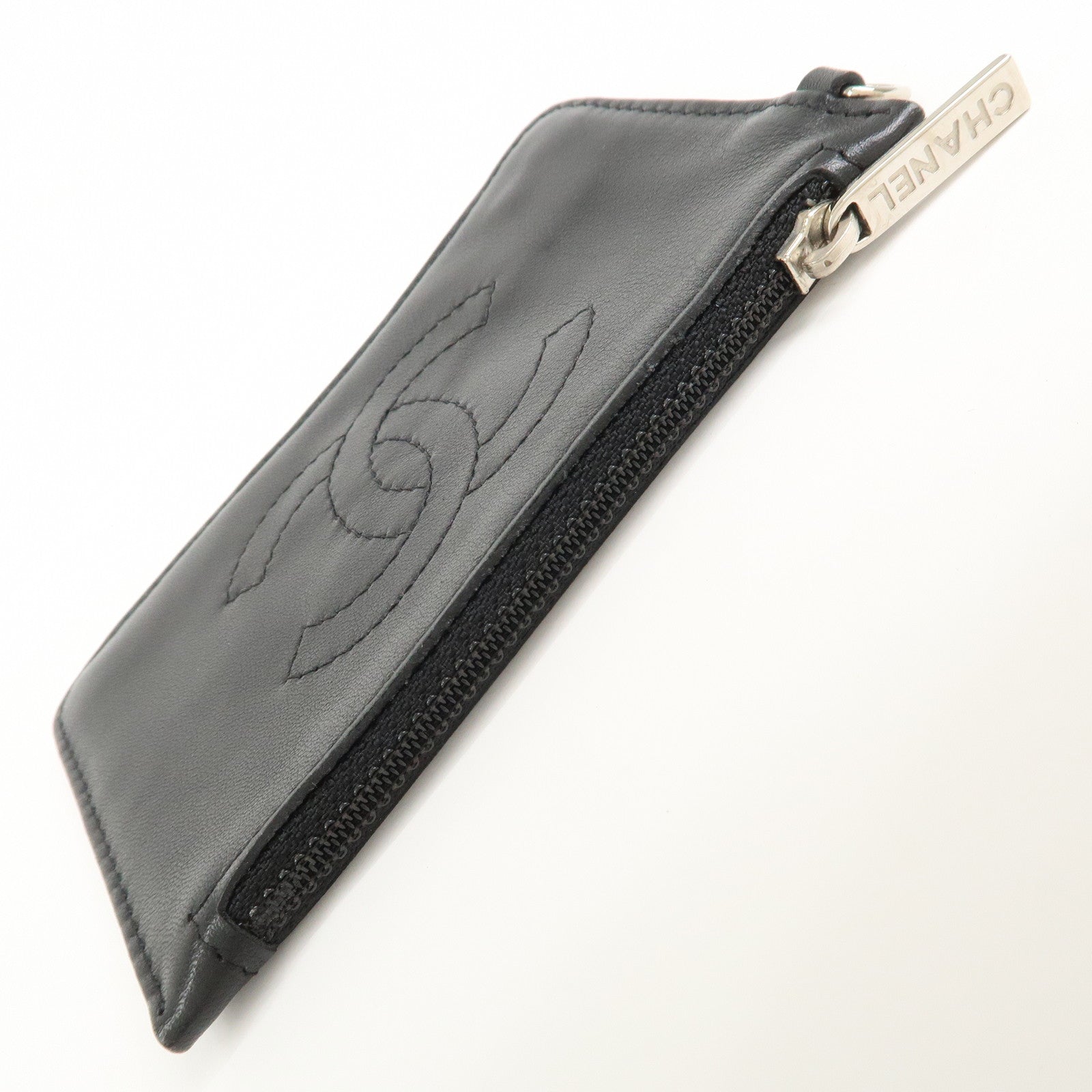 CHANEL COCO Mark Lamb Skin Coin Case Black Silver A25183