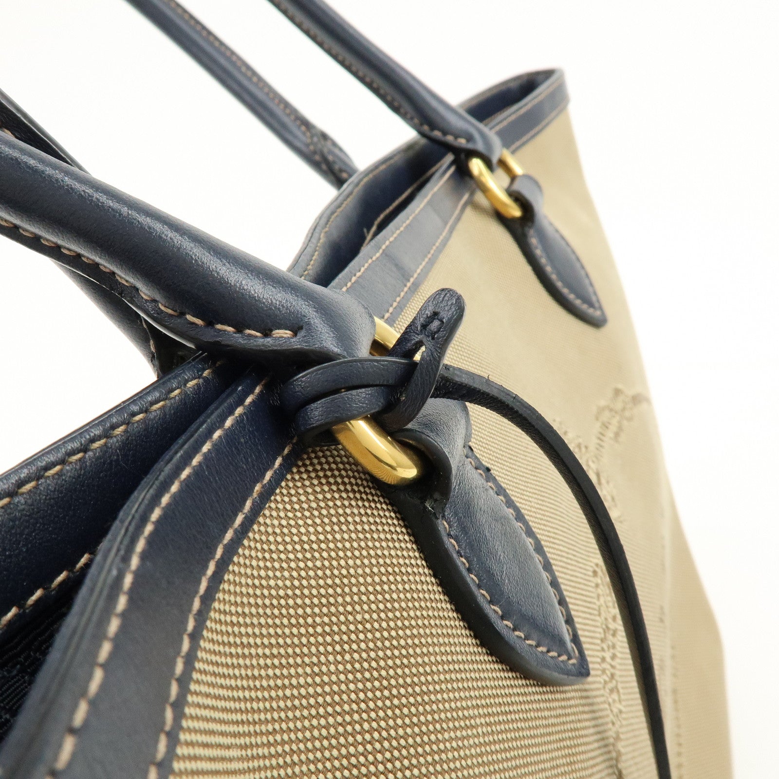 PRADA Logo Jacquard Leather Tote Bag Hand Bag Beige Navy