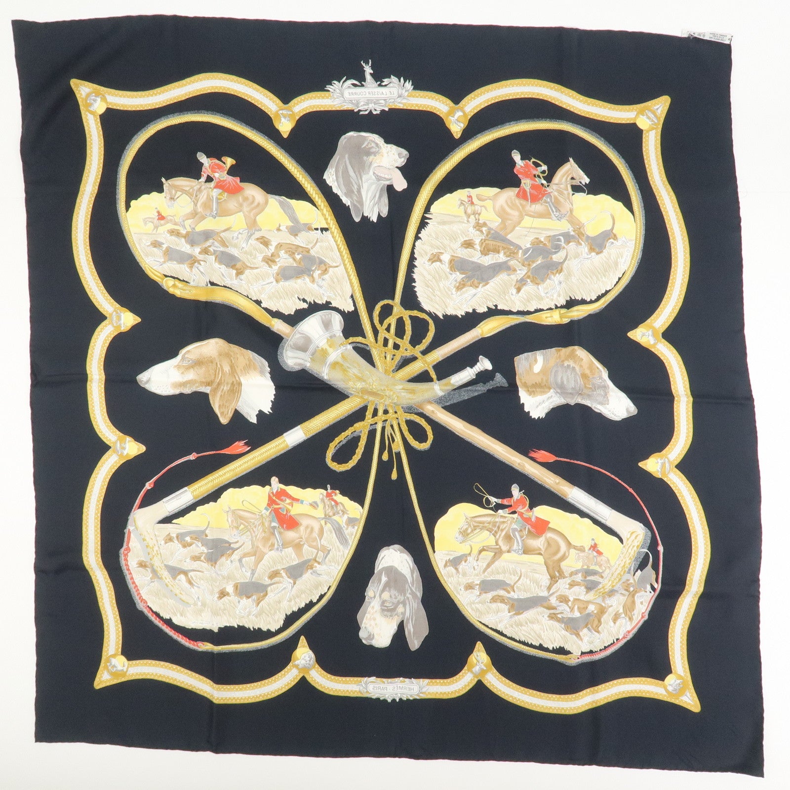 HERMES Carre 90 Silk 100% Scarf  LE LAISSER COURRE Black
