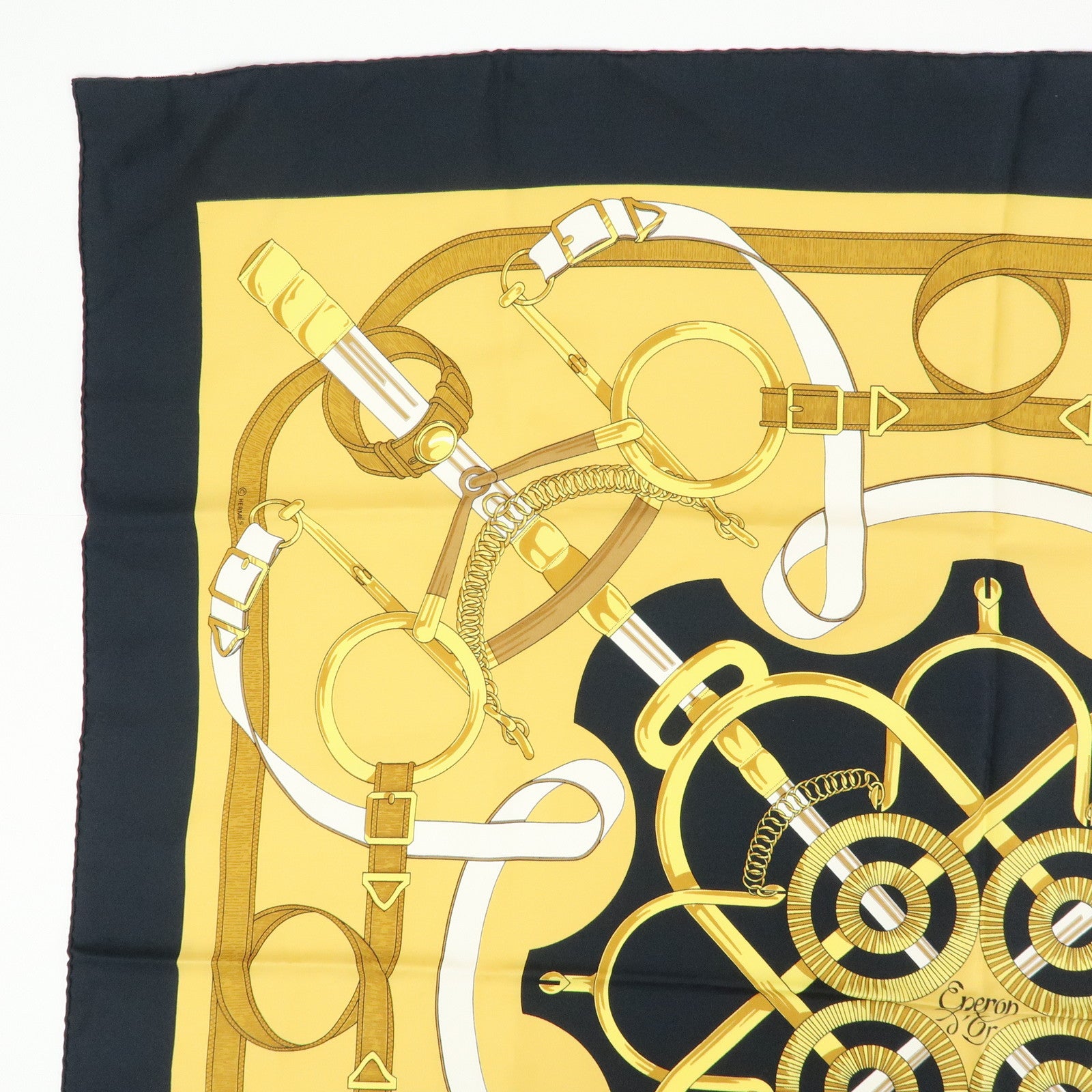 HERMES Carre 90 Silk 100% Eperon d'or Scarf White Navy