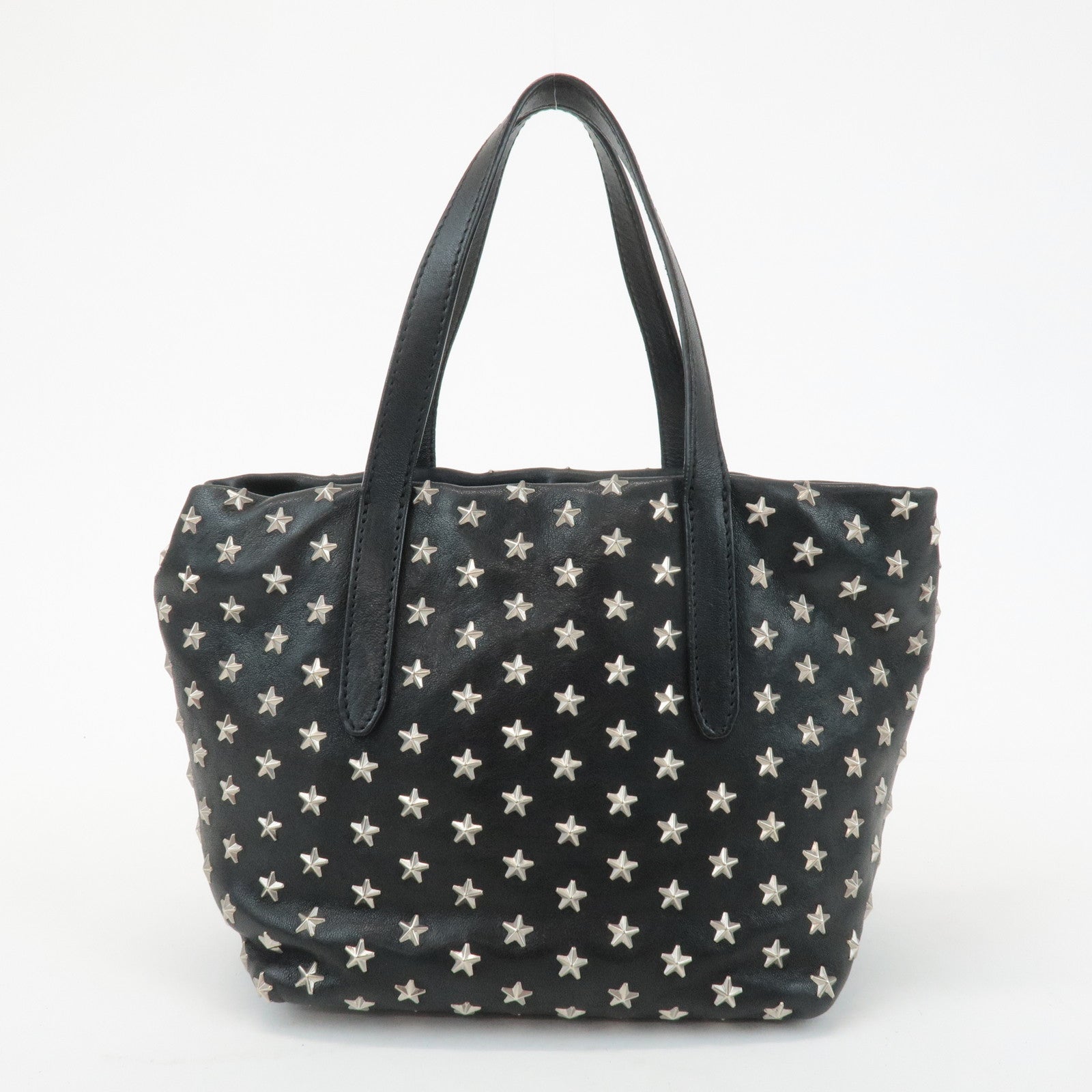 JIMMY CHOO Leather Star Studs Tote Bag Hand Bag Black Silver HDW Used