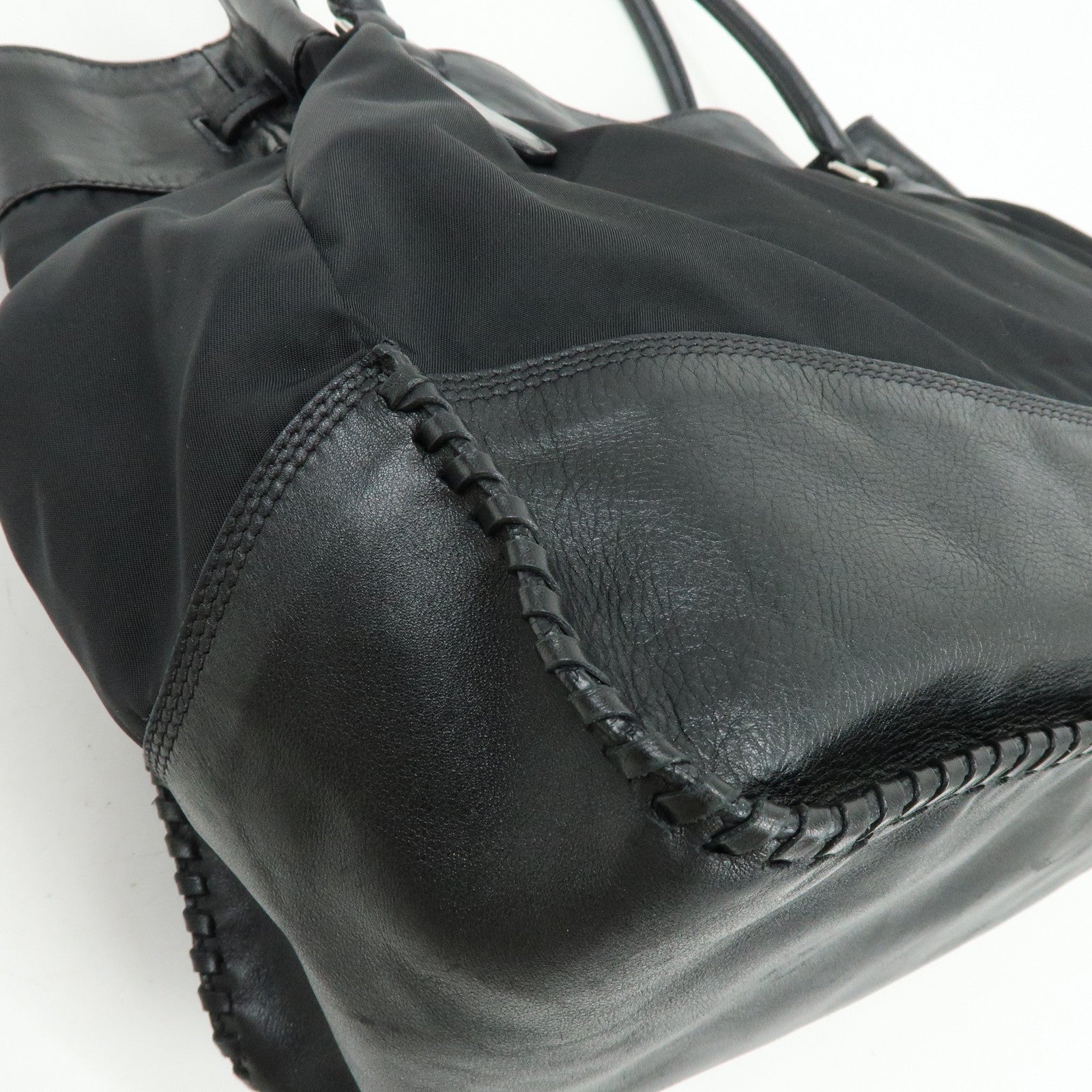 PRADA Triangle Logo Nylon Leather Tote Bag Hand Bag Black BR3616